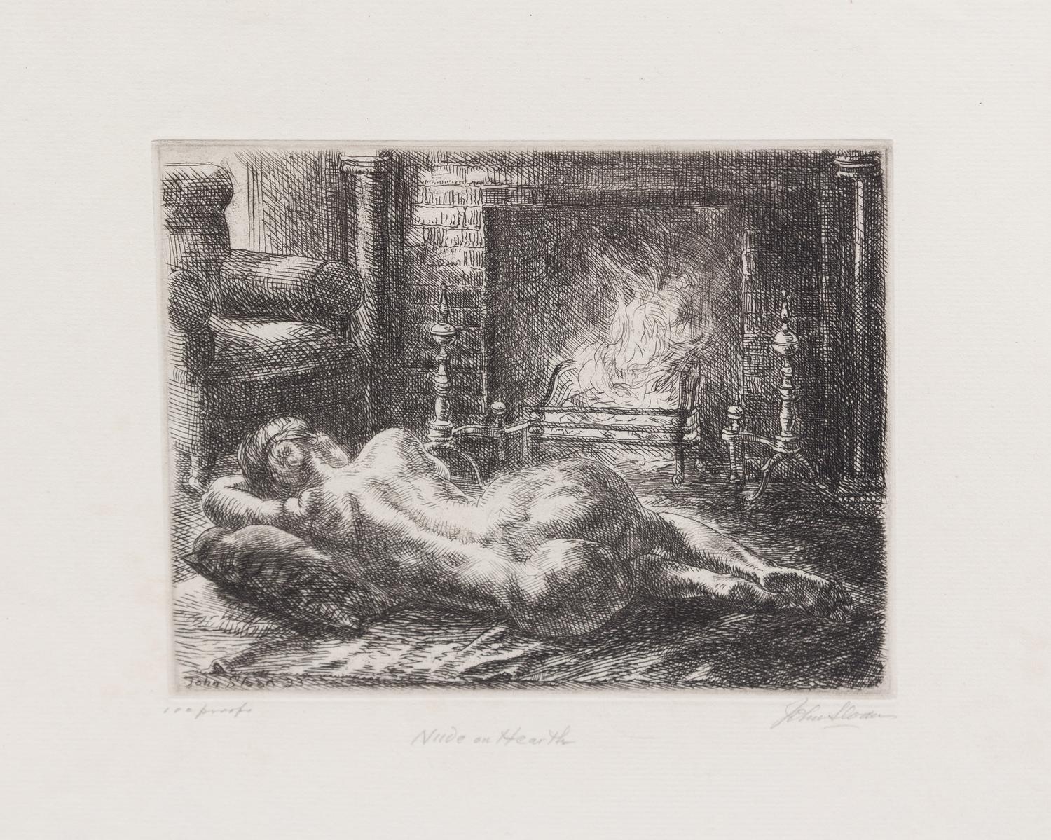 John French Sloan, (American, 1871-1951), Nude on Hearth, 1933