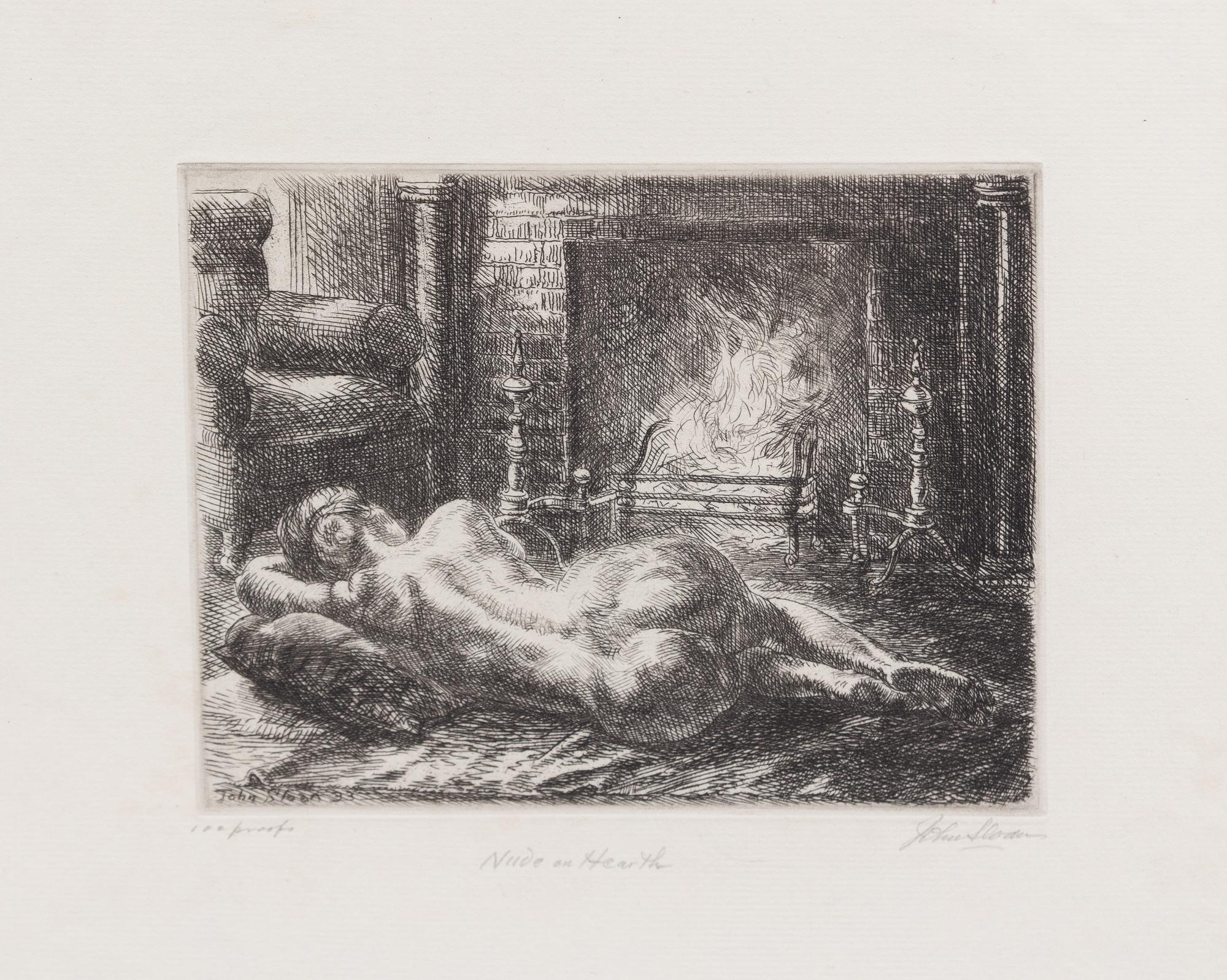 John French Sloan, (American, 1871-1951), Nude on Hearth, 1933