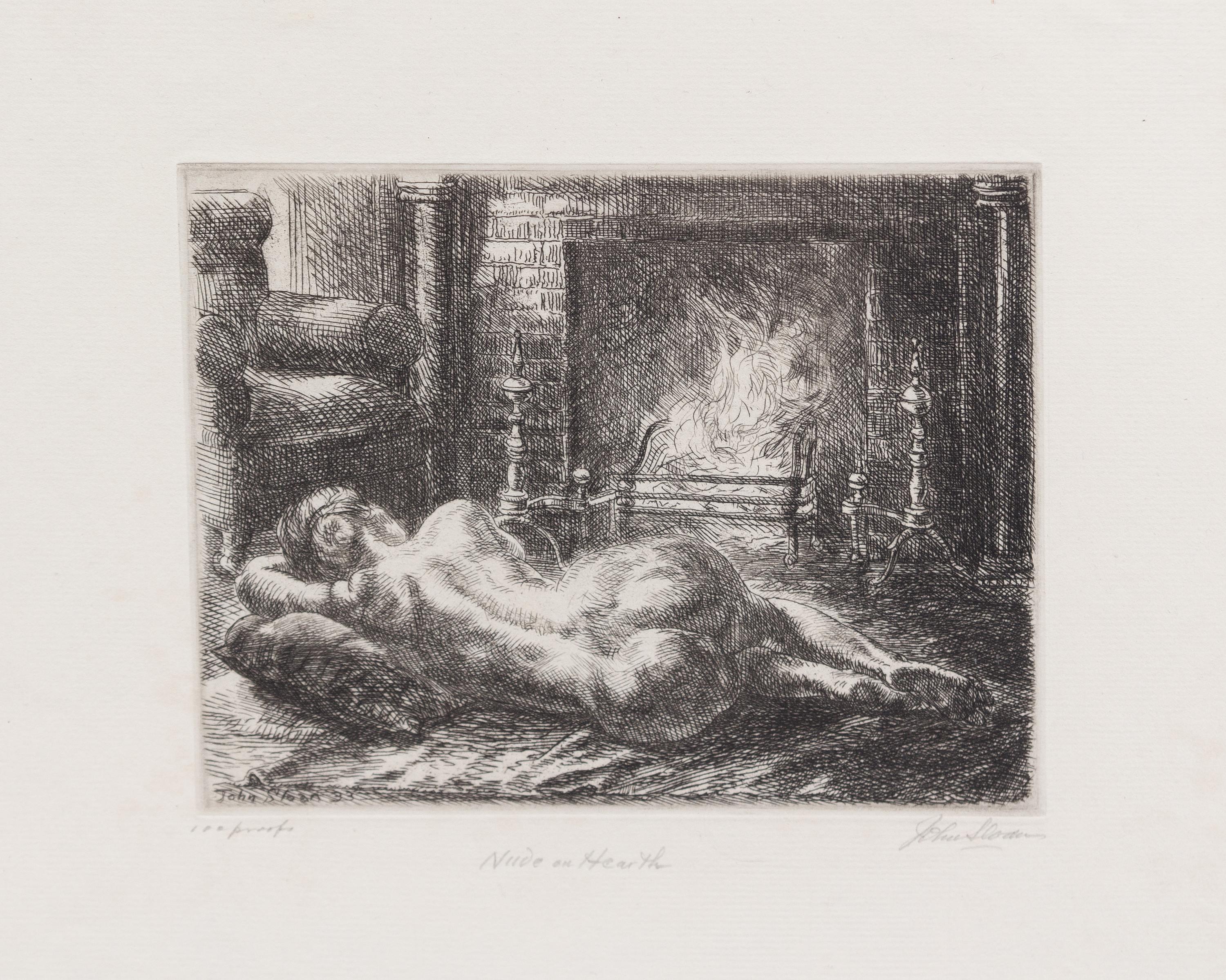 John French Sloan, (American, 1871-1951), Nude on Hearth, 1933