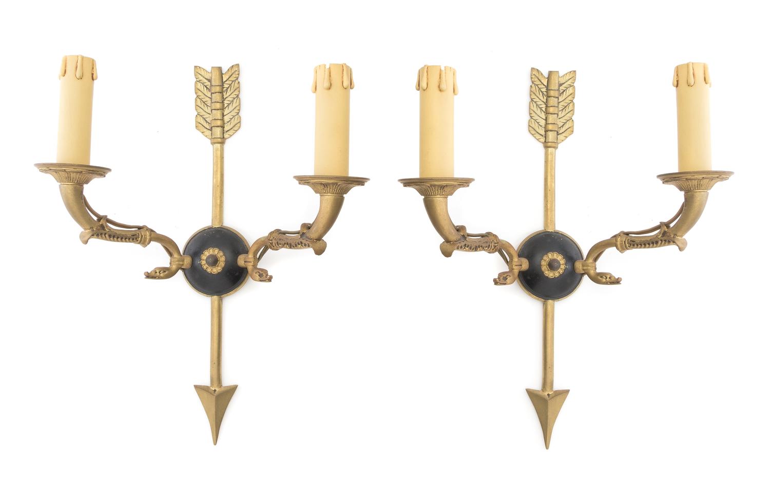 A Pair of Empire Style Gilt Metal Two-Light Sconces Height 12 1/2 inches. — EARLY 20TH CENTURY