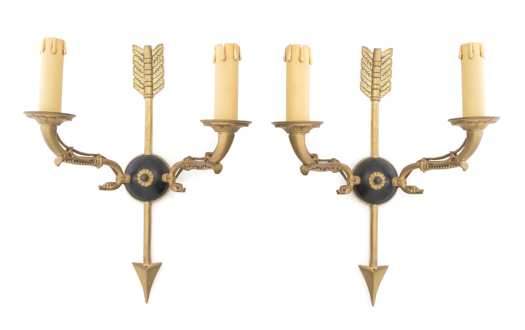 A Pair of Empire Style Gilt Metal Two-Light Sconces Height 12 1/2 inches. — EARLY 20TH CENTURY