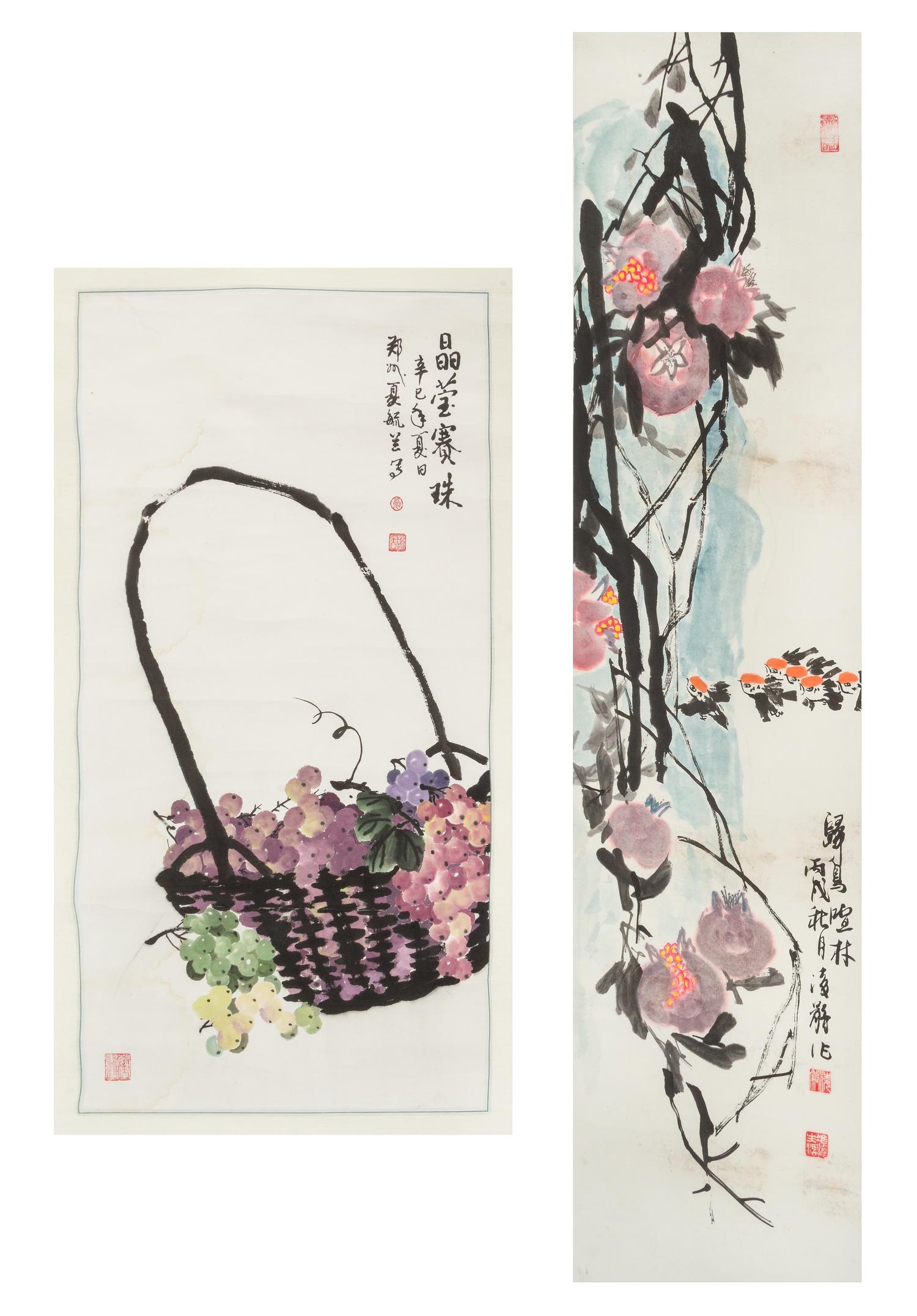 Two Ink and Color Paintings on Paper Scrolls — 20TH CENTURY