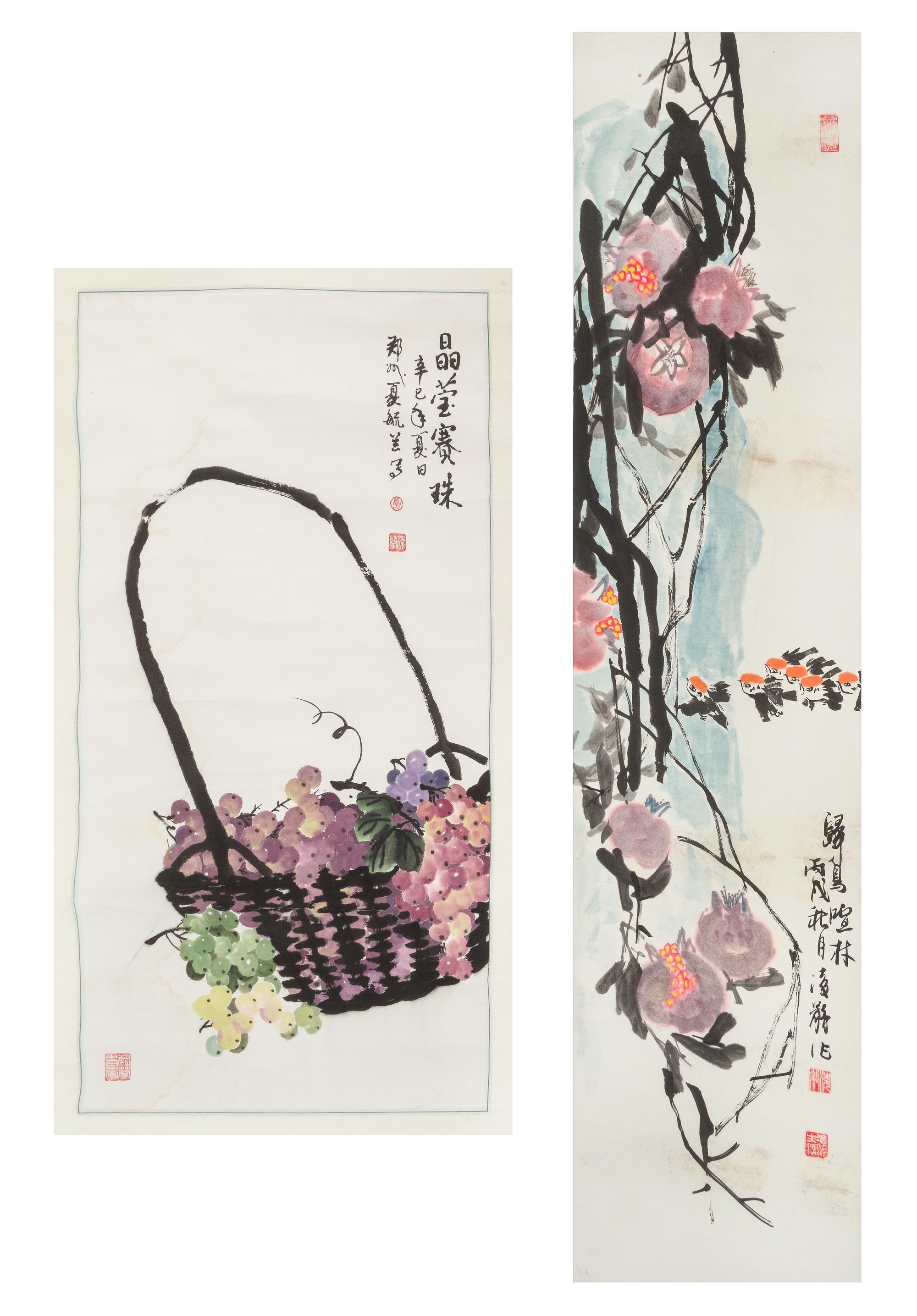 Two Ink and Color Paintings on Paper Scrolls — 20TH CENTURY