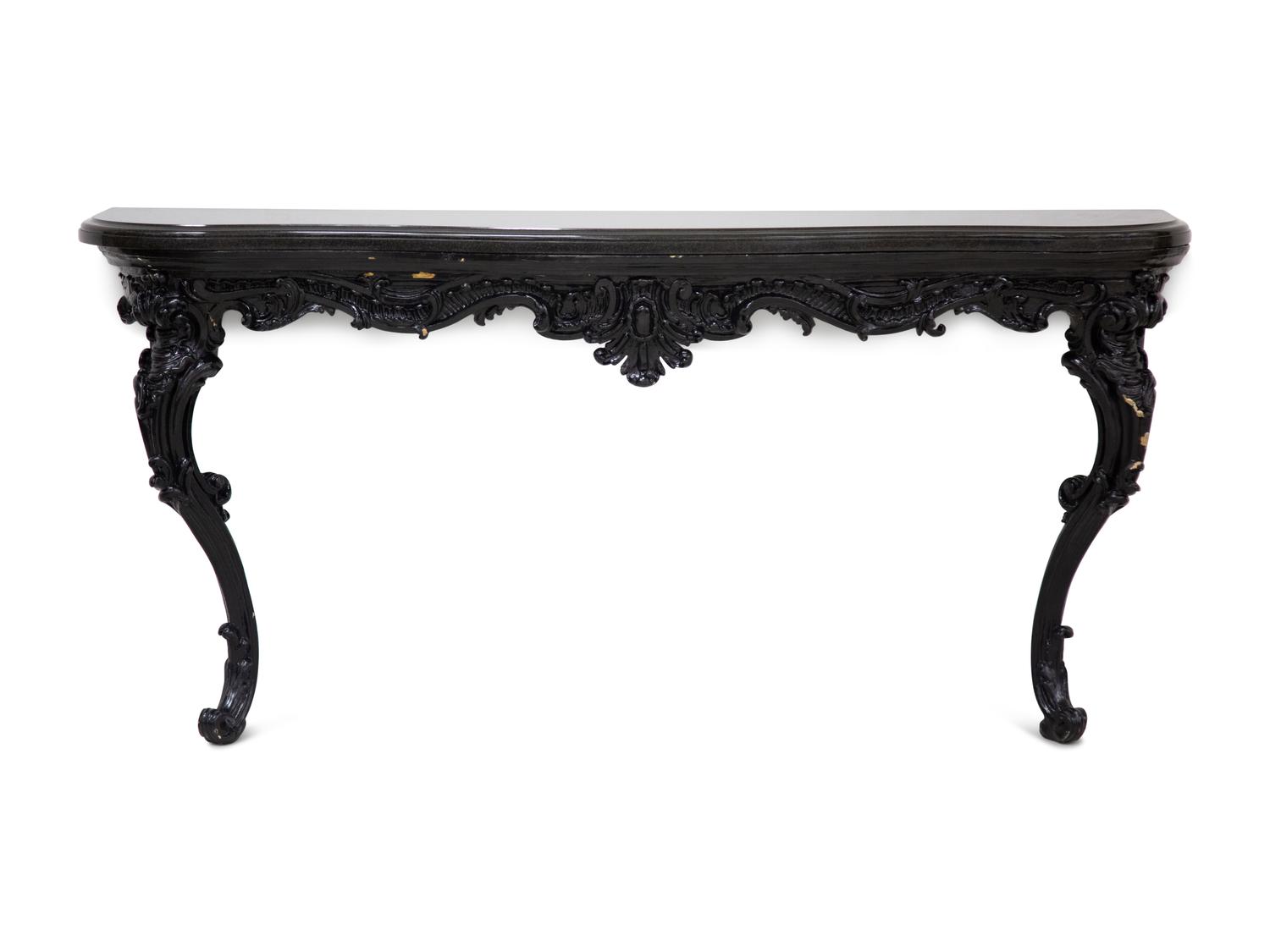 A Rococo Style Serpentine Black Painted Slate Top Console Table — 20th Century