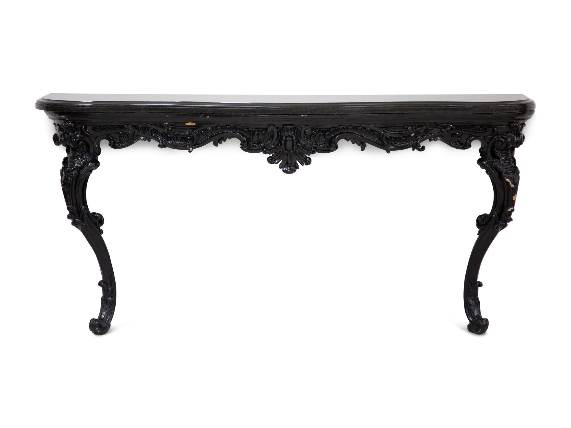 A Rococo Style Serpentine Black Painted Slate Top Console Table — 20th Century
