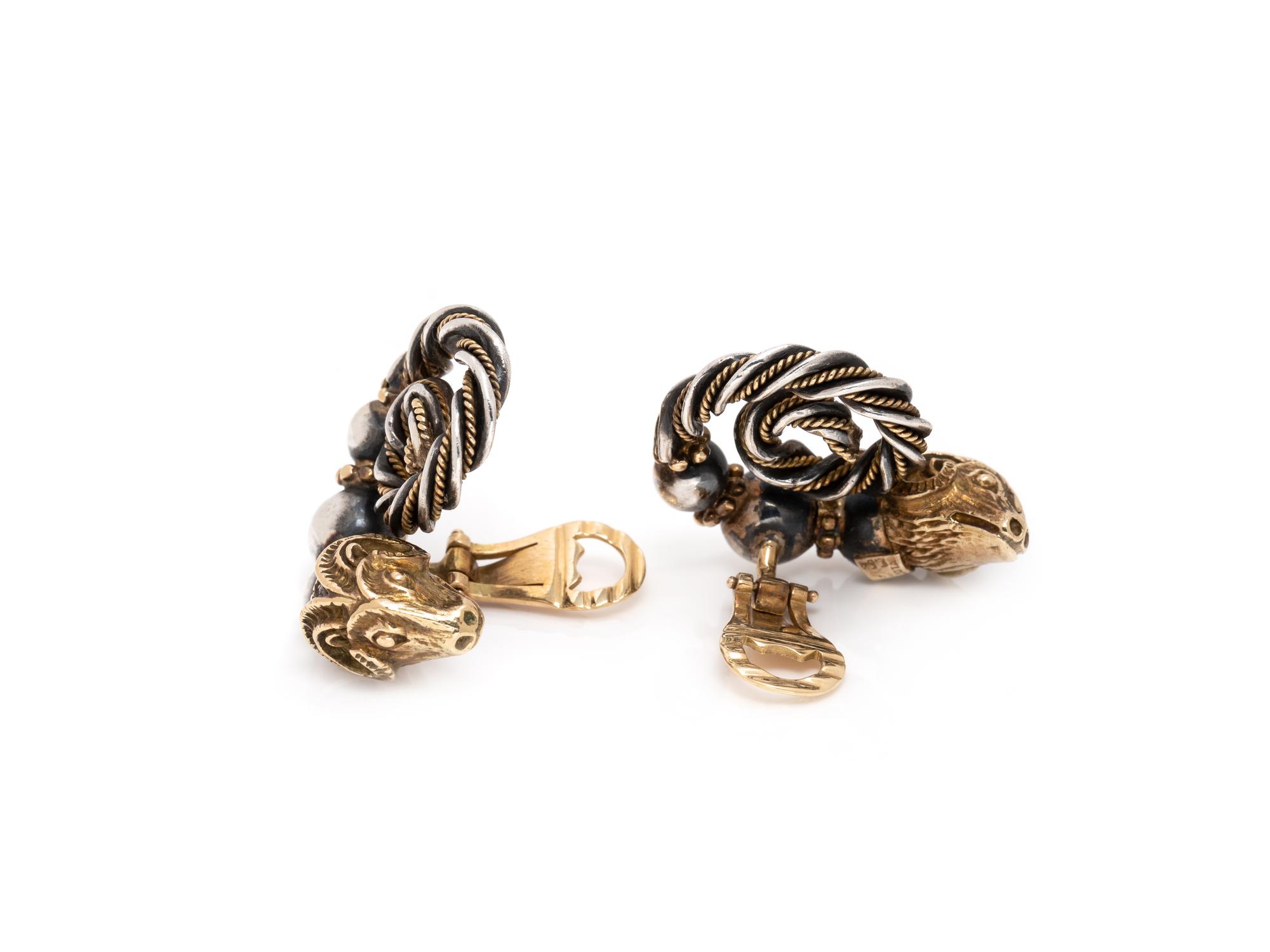 ZOLOTAS, SILVER AND YELLOW GOLD RAM'S HEAD EARCLIPS