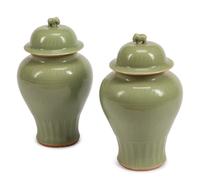 A Pair of Chinese Celadon-Glazed Porcelain Meiping Vases and Covers