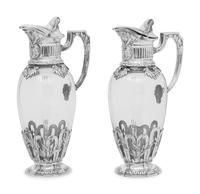 A Pair of Christofle Silver-Plate Mounted Cut Glass Claret Jugs