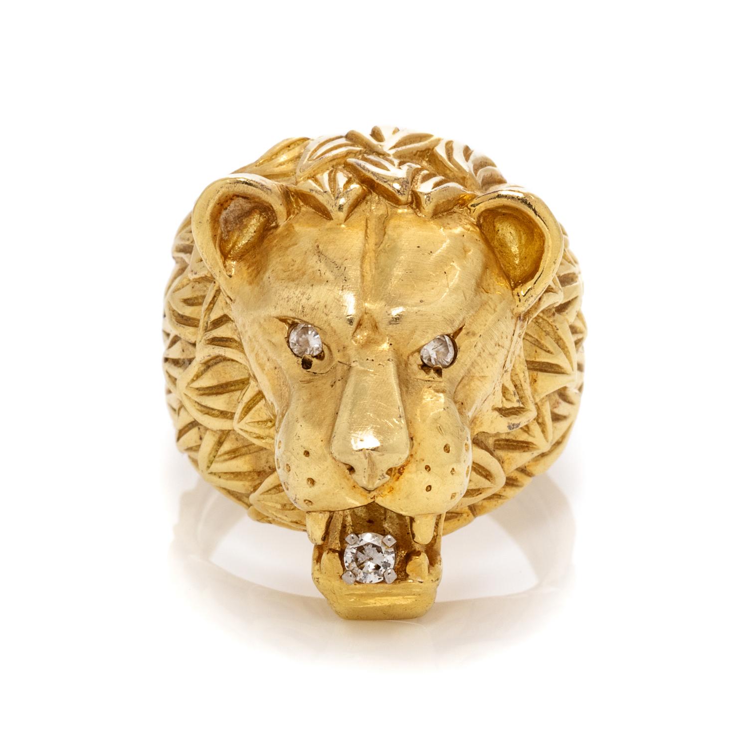 A 14 Karat Yellow Gold and Diamond Lion Motif Ring, Maurice Katz, 13.30 dwts.