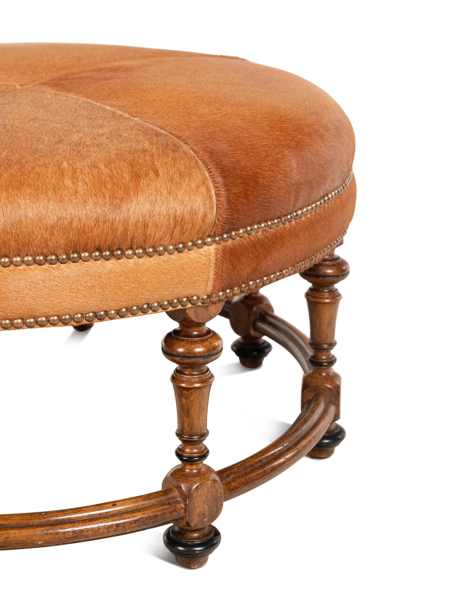 A William and Mary Style Oak Ottoman with Haircalf Upholstery