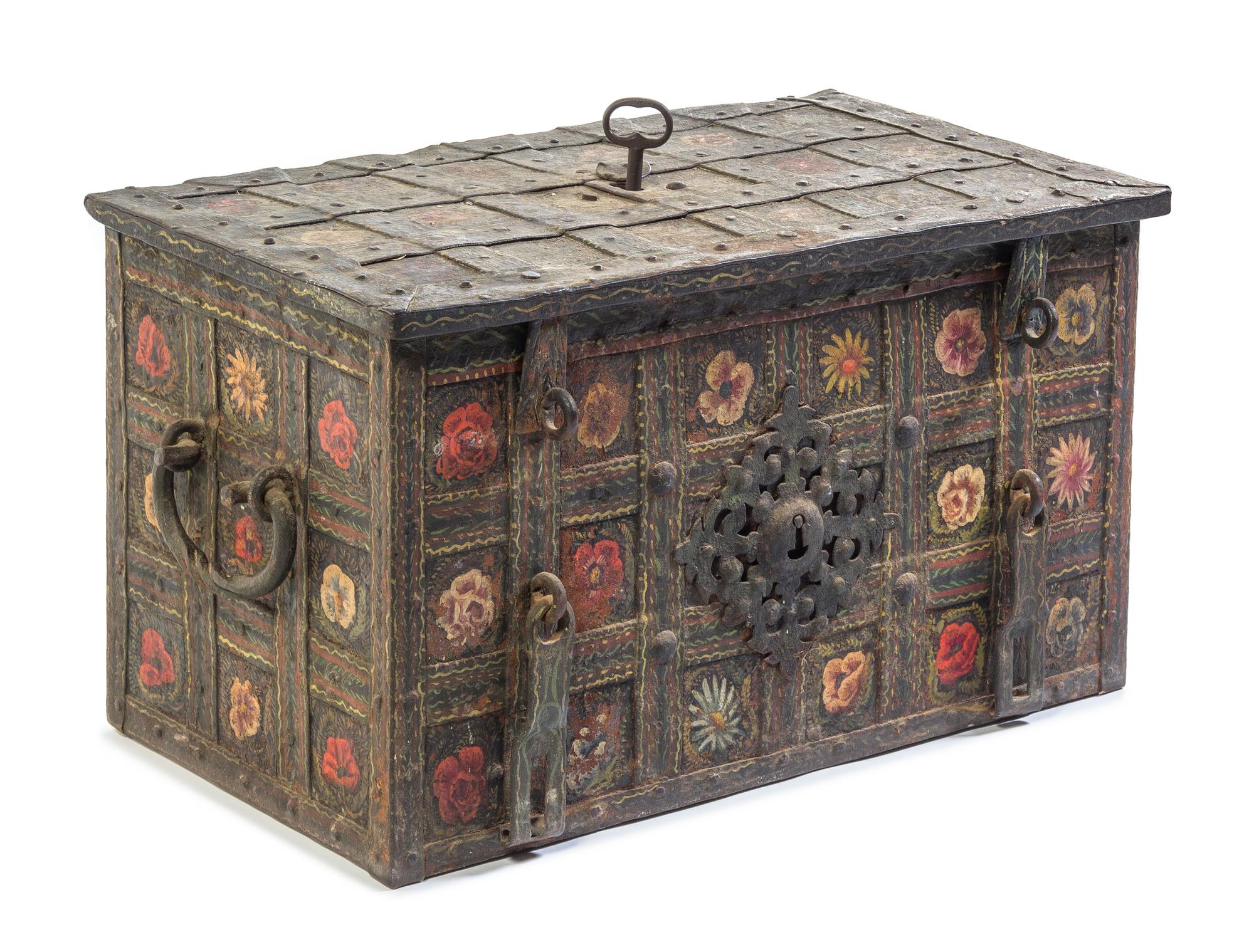 A Continental Polychrome Decorated Iron Strong Box Height 19 1/2 x width 34 3/4 x depth 19 7/8 inches. — 17TH/18TH CENTURY