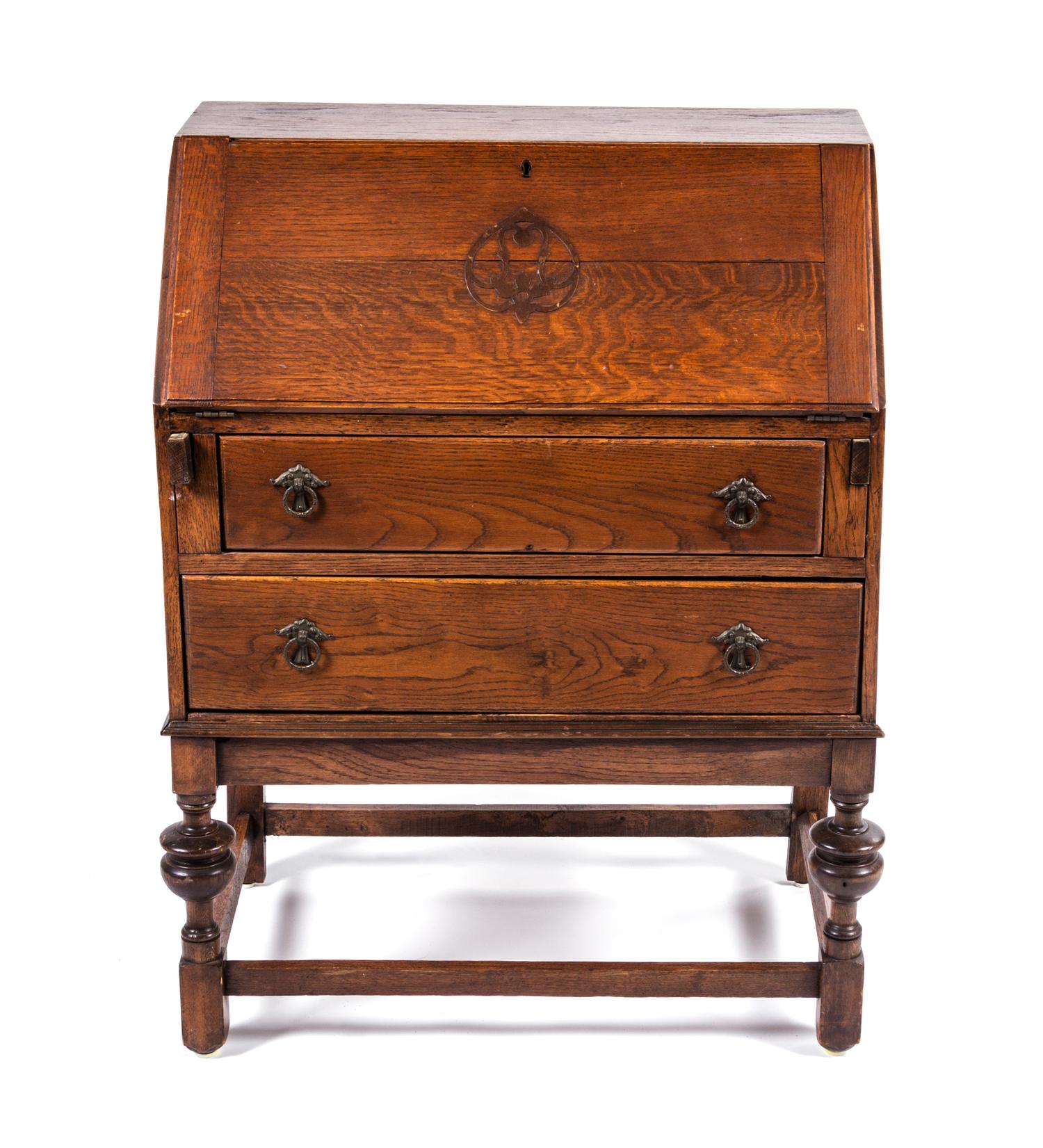 An American Oak Fall Front Desk on Stand Height 38 x width 29 x depth 16 inches. — 19TH CENTURY