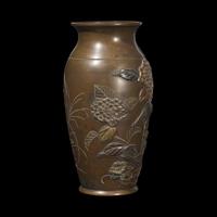 A Japanese Mixed Metal and Patinated Bronze Bird and Flowers Vase, Meiji Period