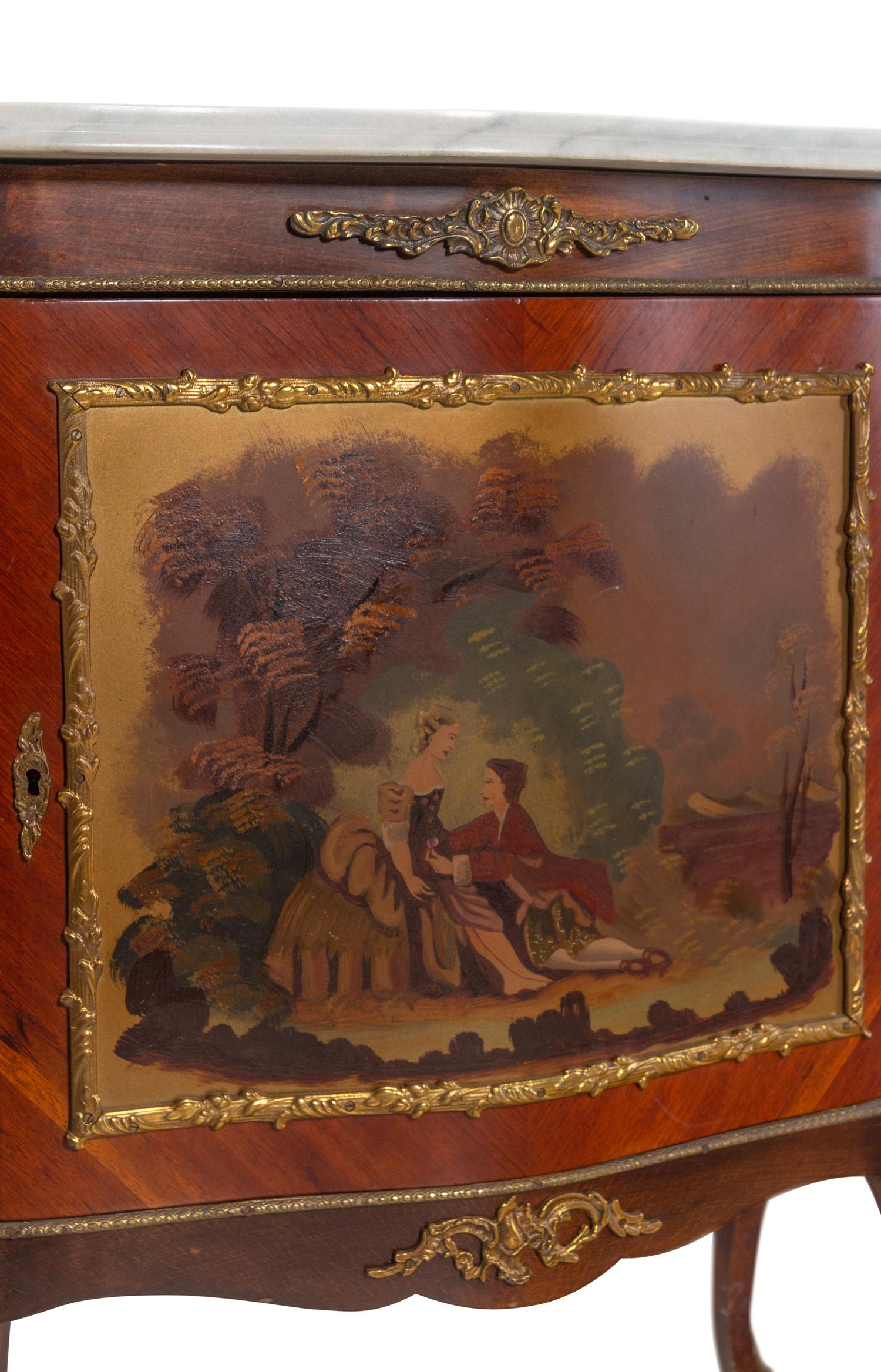 A Pair of Louis XV Style Gilt Metal Mounted Vernis Martin Marble-Top Commodes