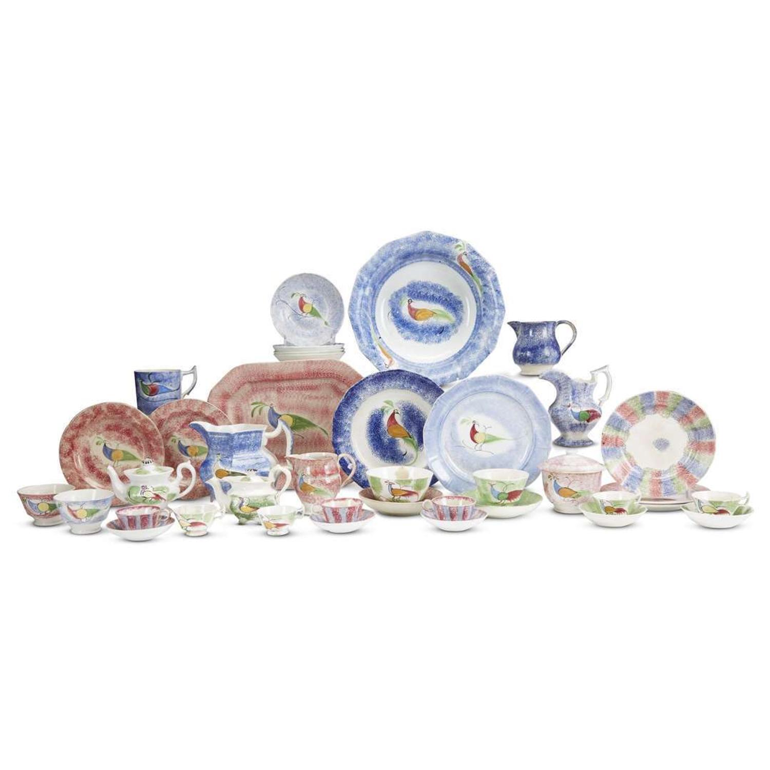 Collection of Peafowl and rainbow patterned Spatterware England, 19th century