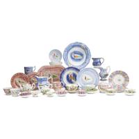 Collection of Peafowl and rainbow patterned Spatterware England, 19th century