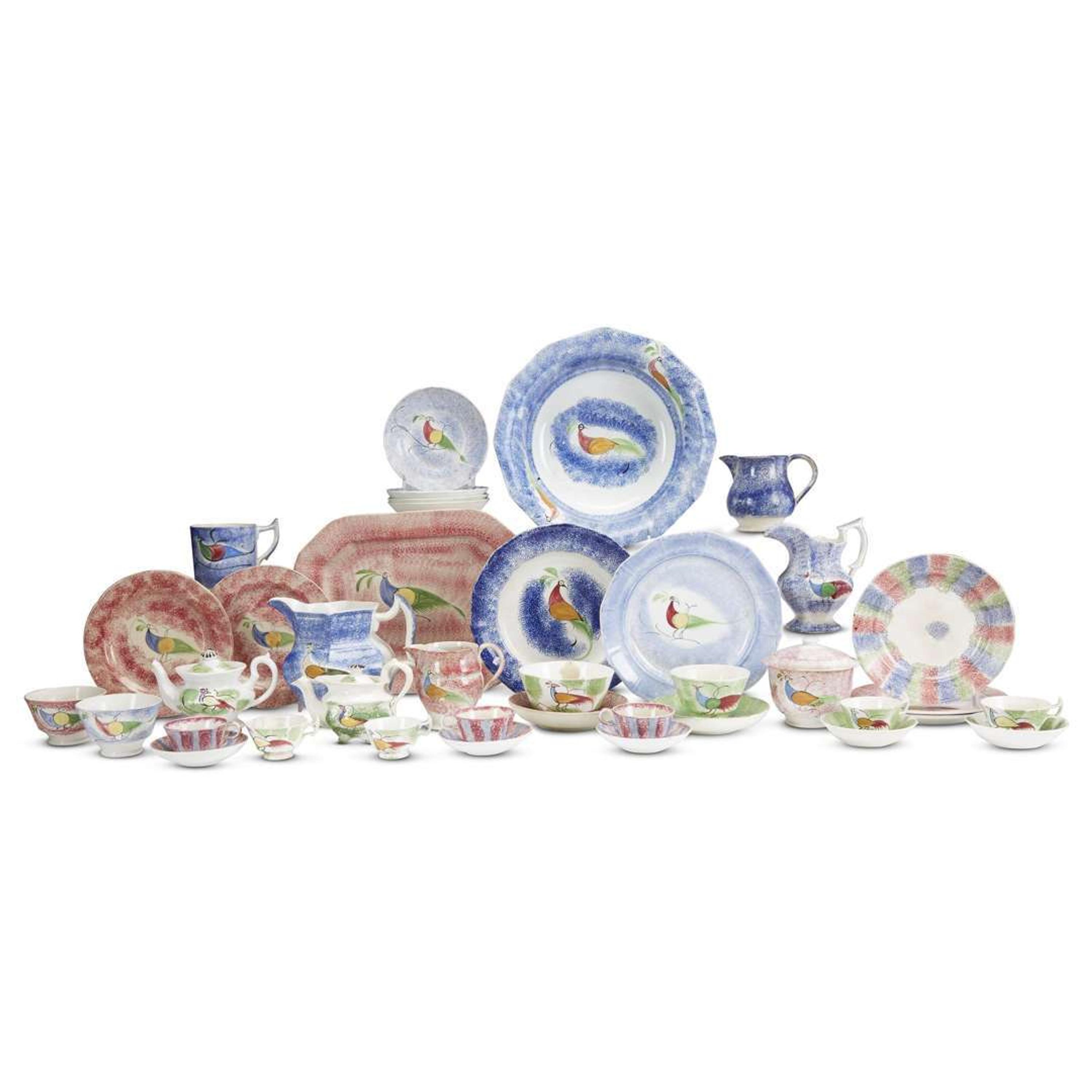Collection of Peafowl and rainbow patterned Spatterware England, 19th century