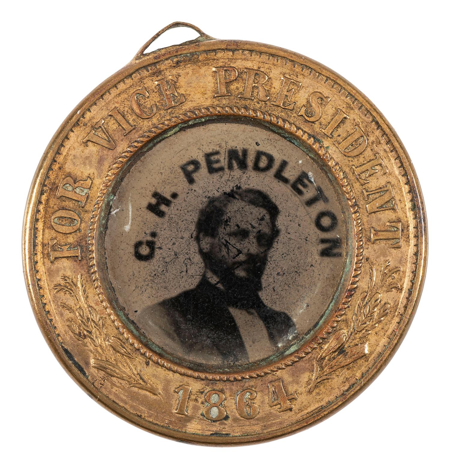 [POLITICS]. McClellan and Pendleton back-to-back campaign ferrotype badge. 1864.