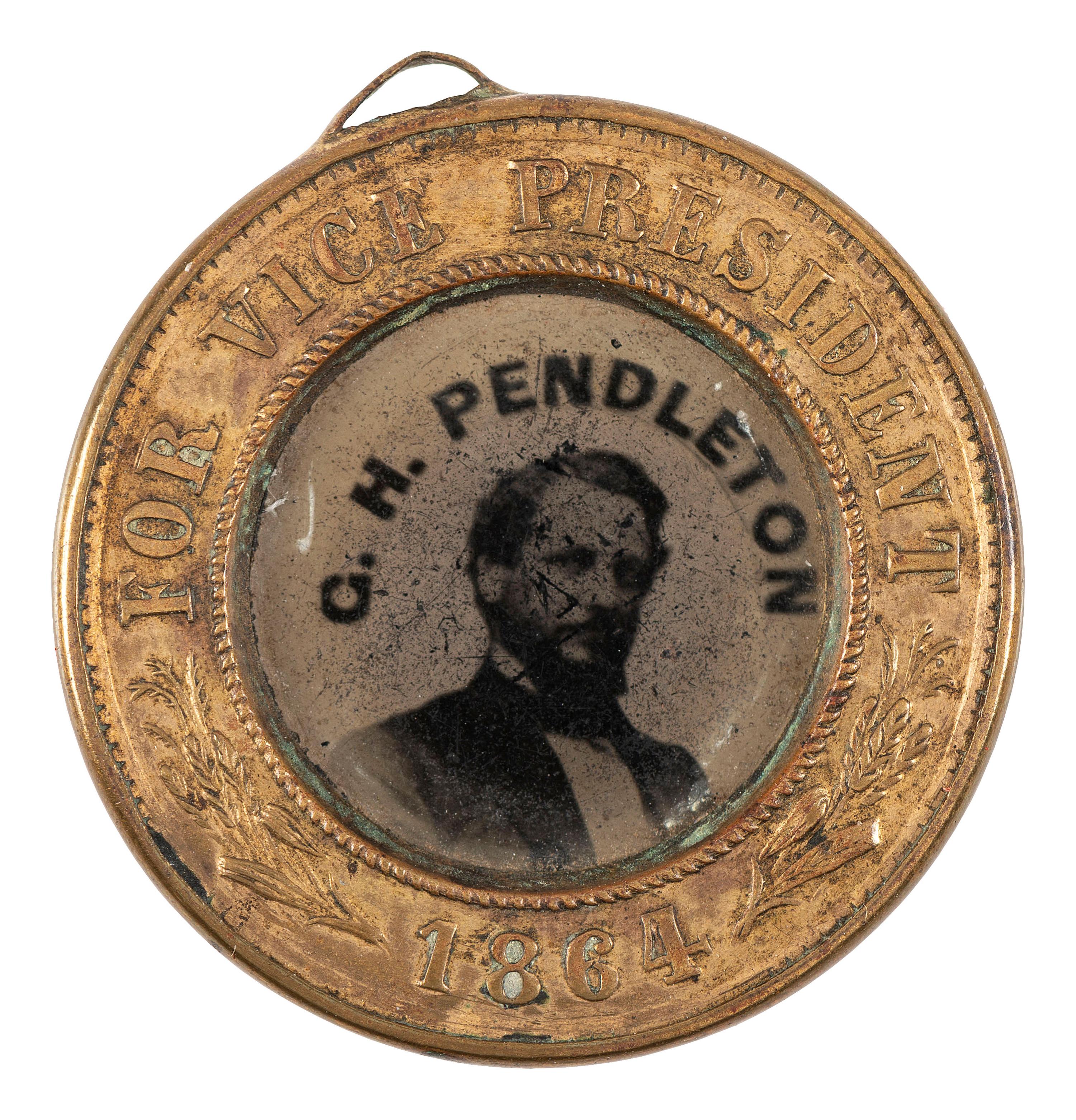 [POLITICS]. McClellan and Pendleton back-to-back campaign ferrotype badge. 1864.