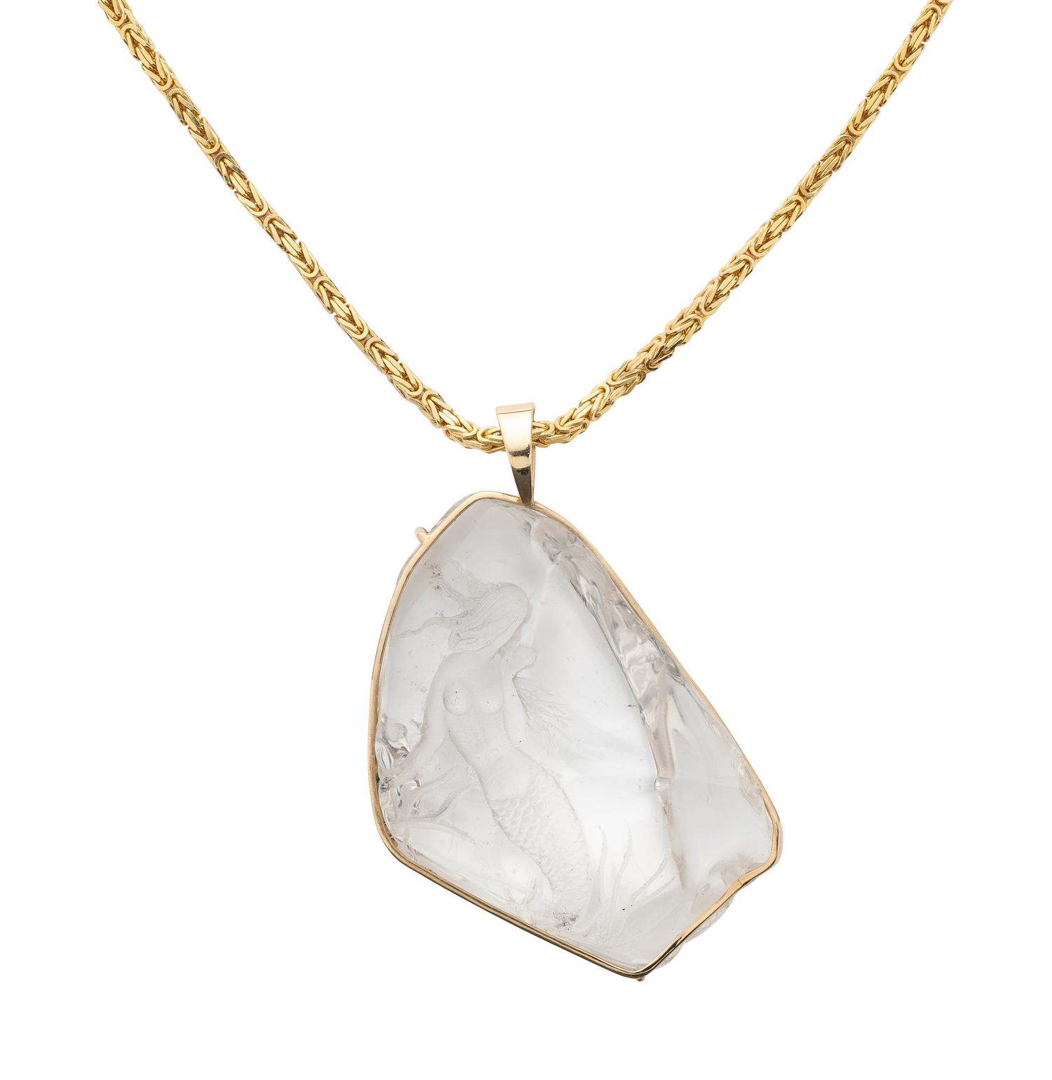 YELLOW GOLD AND ROCK CRYSTAL MERMAID PENDANT/NECKLACE