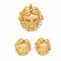 Yellow Gold and Diamond Lion Brooch and Earrings