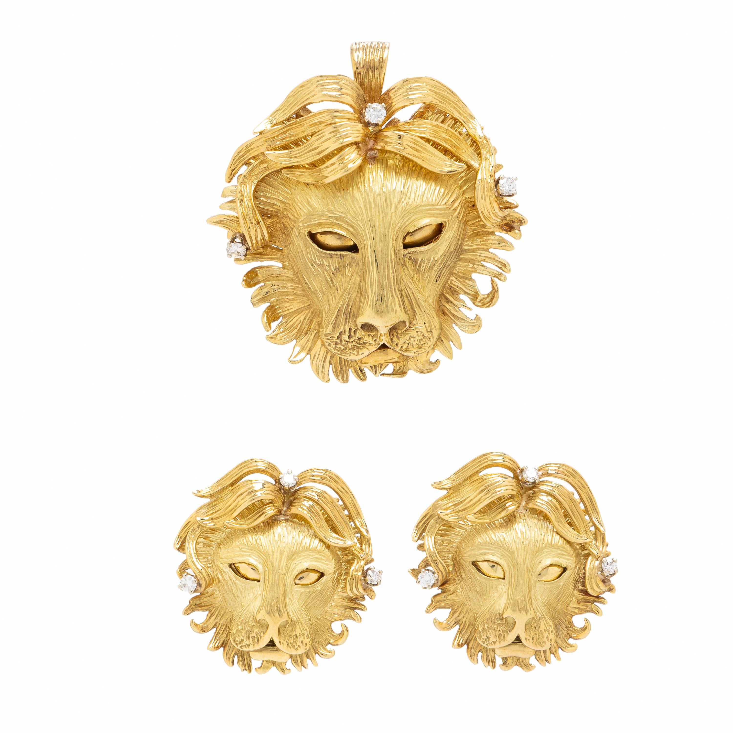 Yellow Gold and Diamond Lion Brooch and Earrings