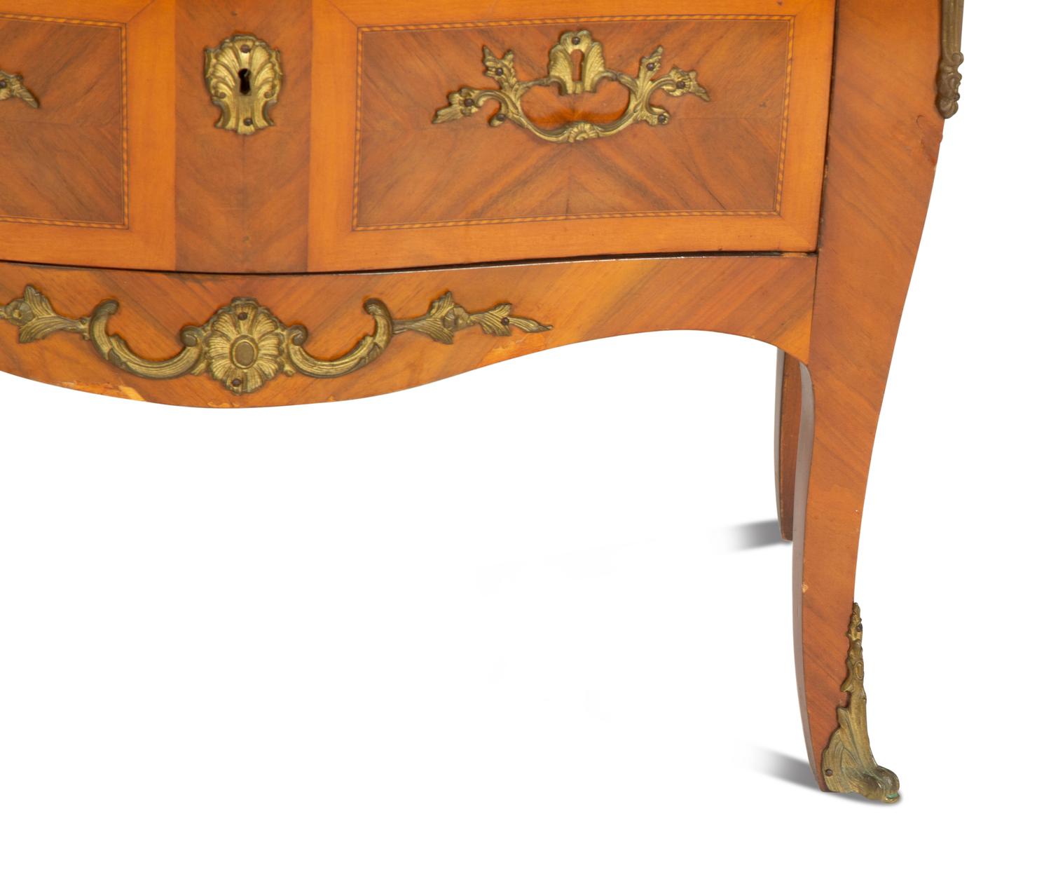 A Pair of Louis XV Style Gilt Metal Mounted Bookmatch Veneered Marble-Top Commodes
