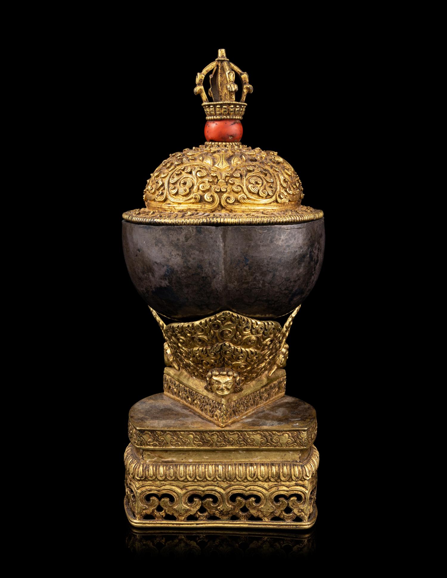 A Tibetan Coral Inset Silver and Gilt Bronze Kapala Bowl