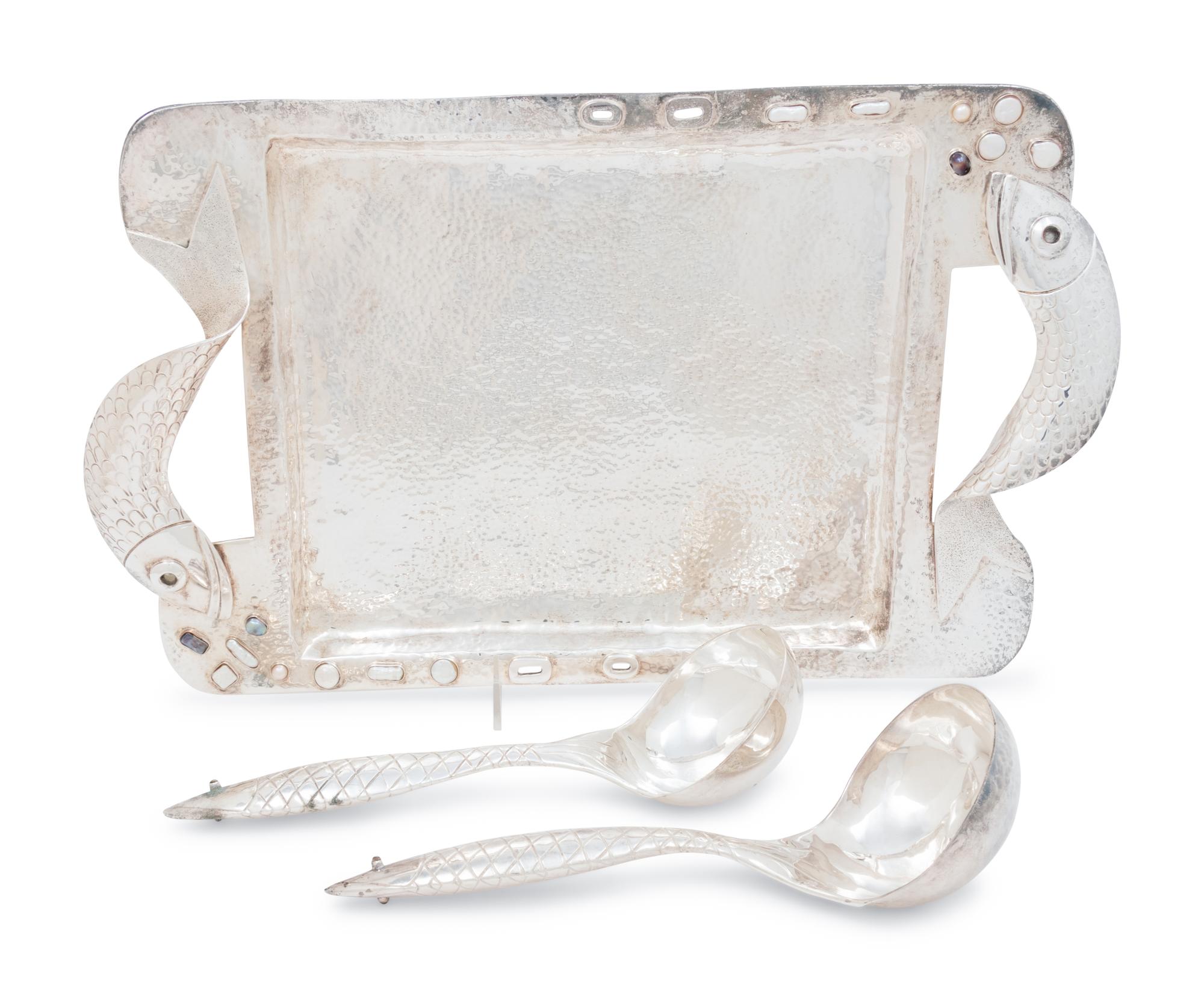 An Emilia Castillo Silver-Plate Serving Tray and Two Ladles