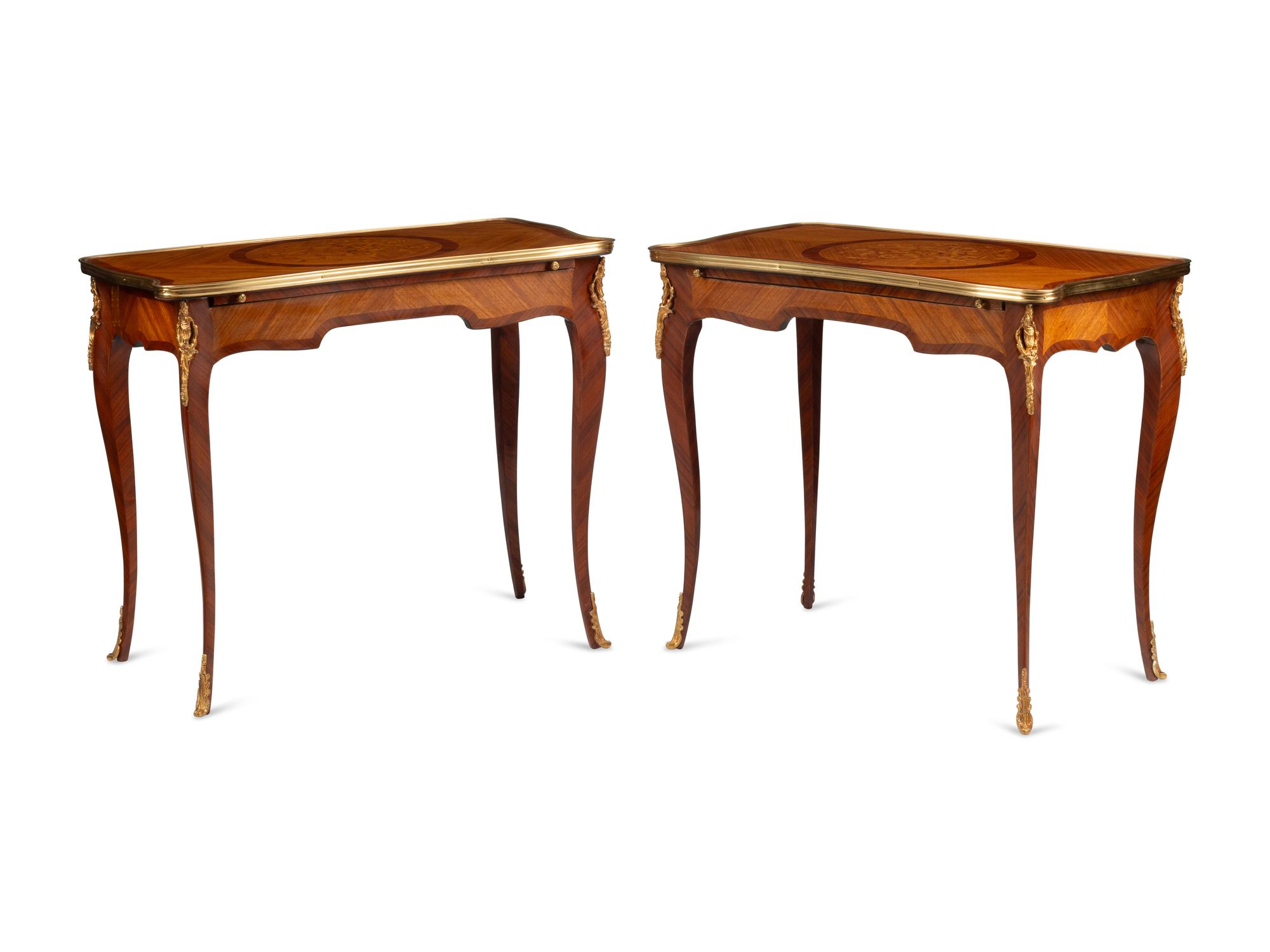 A Pair of Louis XV Style Gilt Bronze Mounted Marquetry Tables