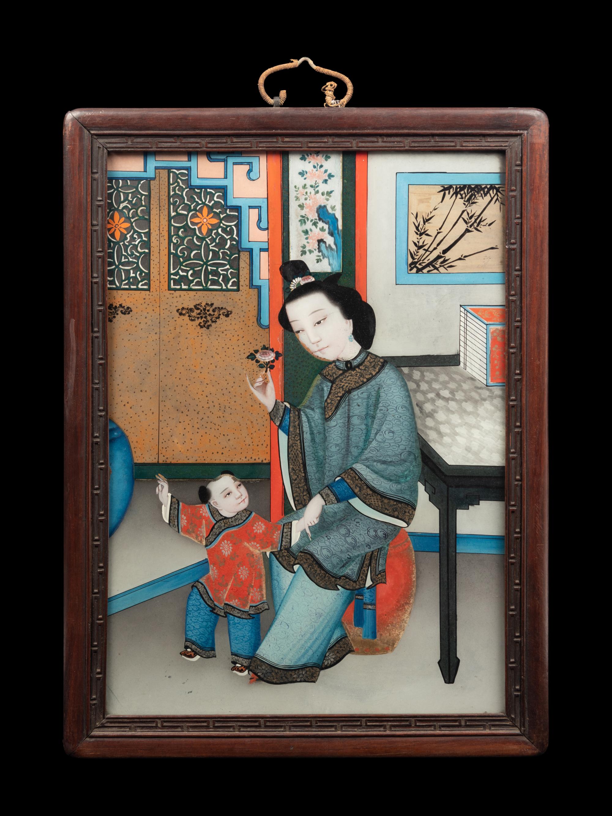 A Pair of Chinese Soapstone Embellished Panels and A Reverse Painting on Glass