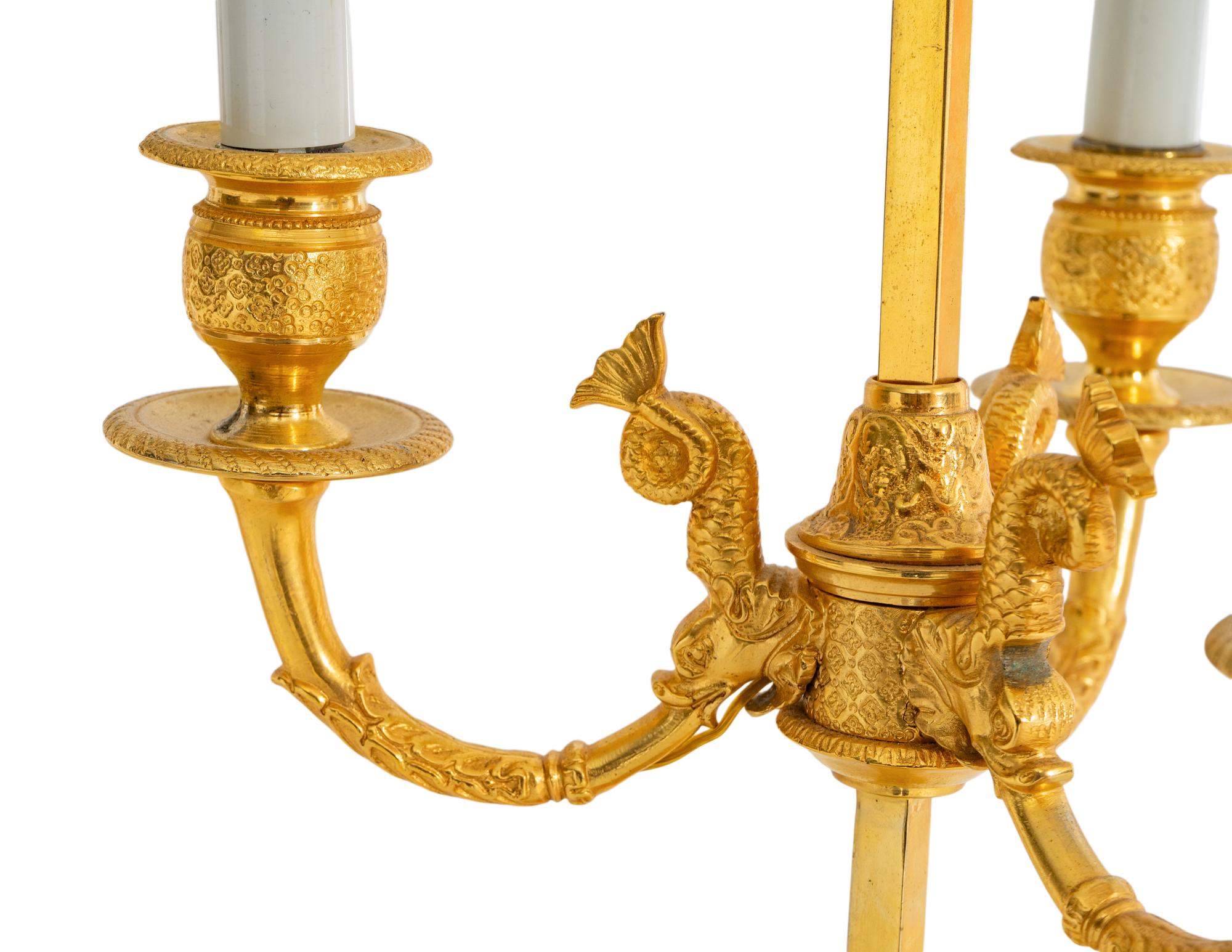 A Pair of Gilt Metal Candelabra Lamps with Black Tole Shades