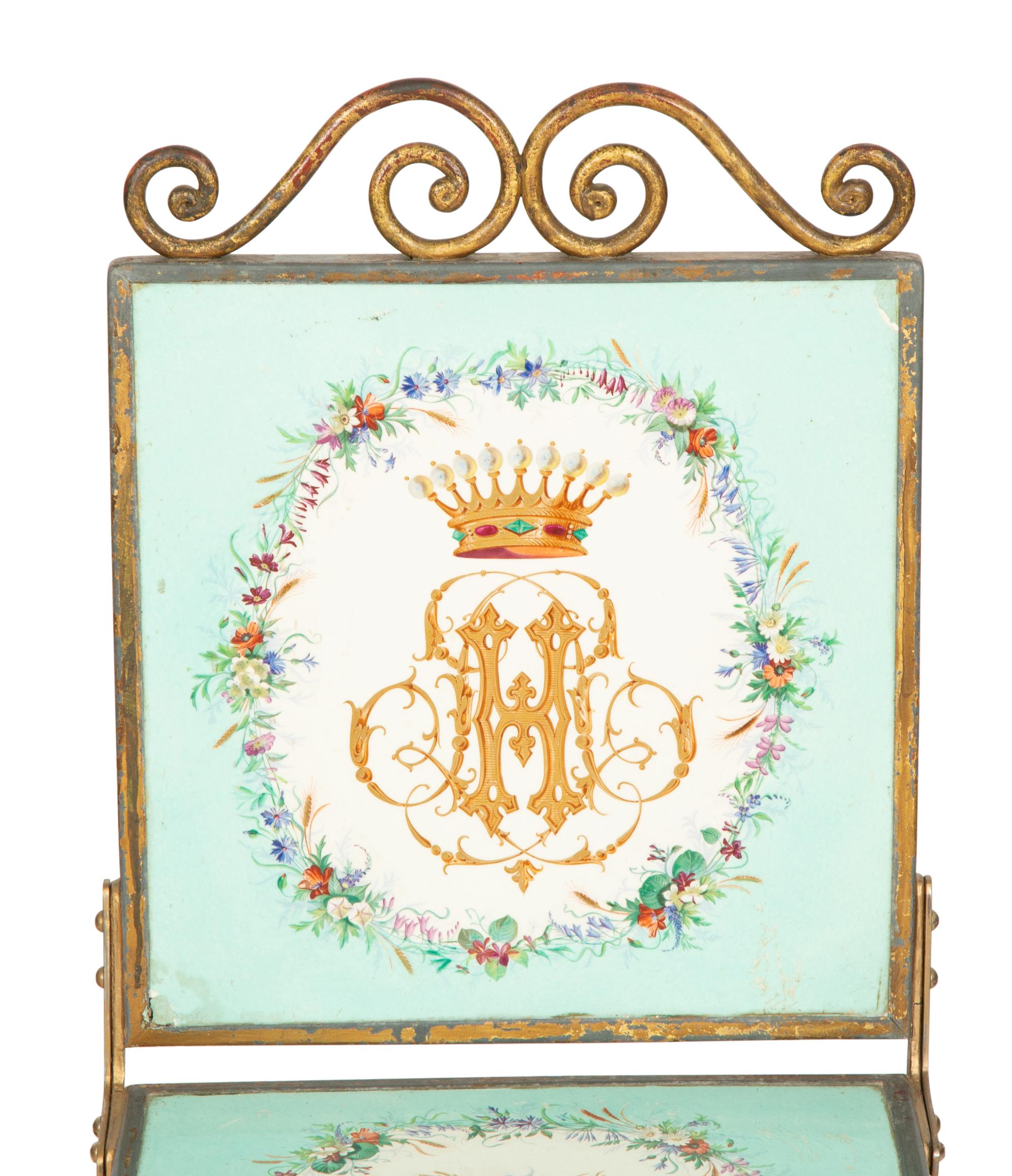 A Gilt Metal Side Chair Inset with Copeland Sèvres Style Porcelain Plaques