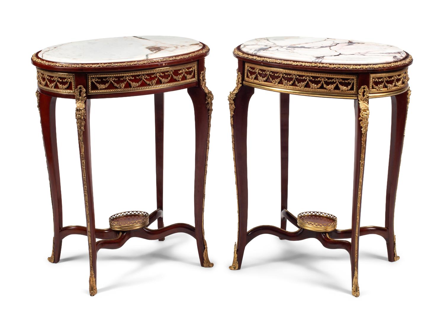 A Pair of Louis XV Style Gilt Bronze Mounted Walnut Marble-Top Side Tables