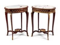 A Pair of Louis XV Style Gilt Bronze Mounted Walnut Marble-Top Side Tables