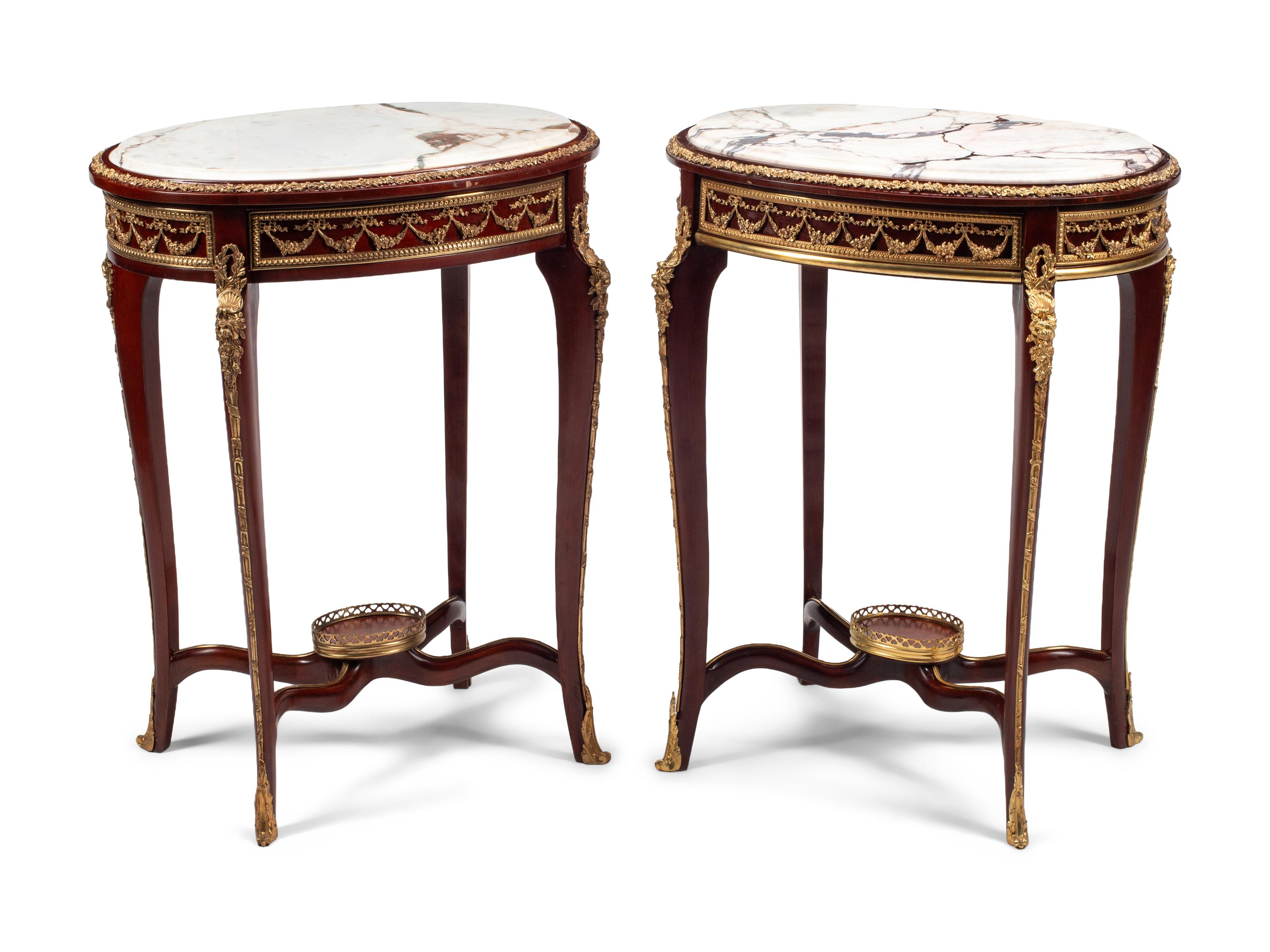 A Pair of Louis XV Style Gilt Bronze Mounted Walnut Marble-Top Side Tables