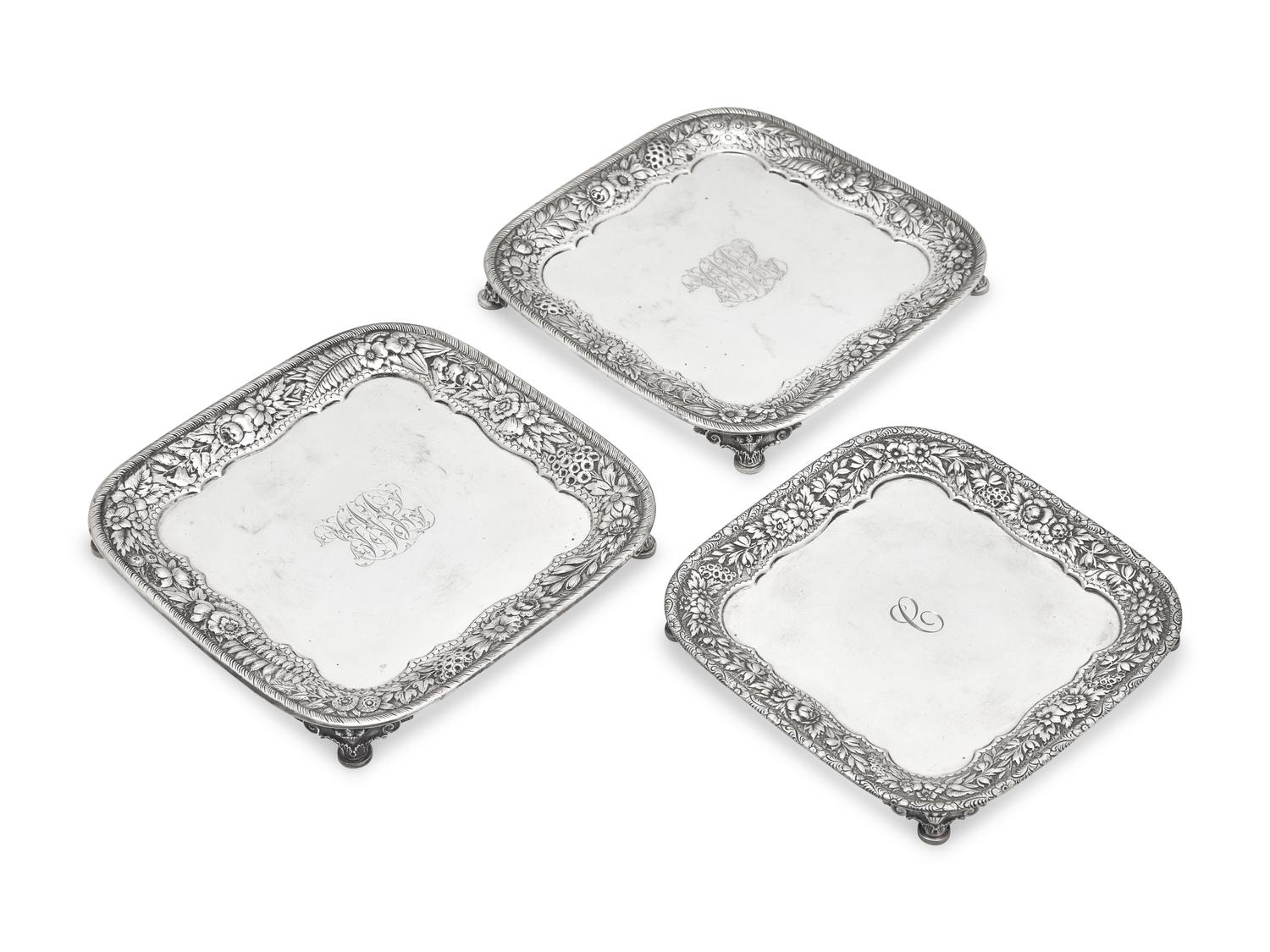 Three Sterling Silver Floral Repousse Salvers, Tiffany & Co., New York, NY, Circa 1880