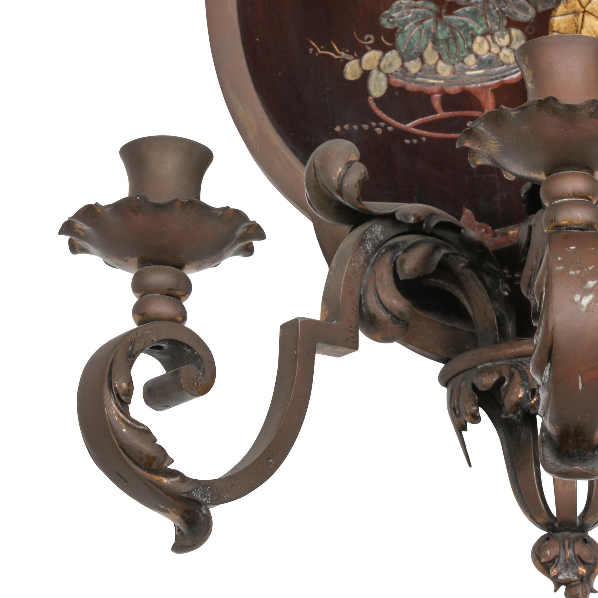 A Pair of Patinated Bronze and Chinoiserie Decorated Three-Light Sconces