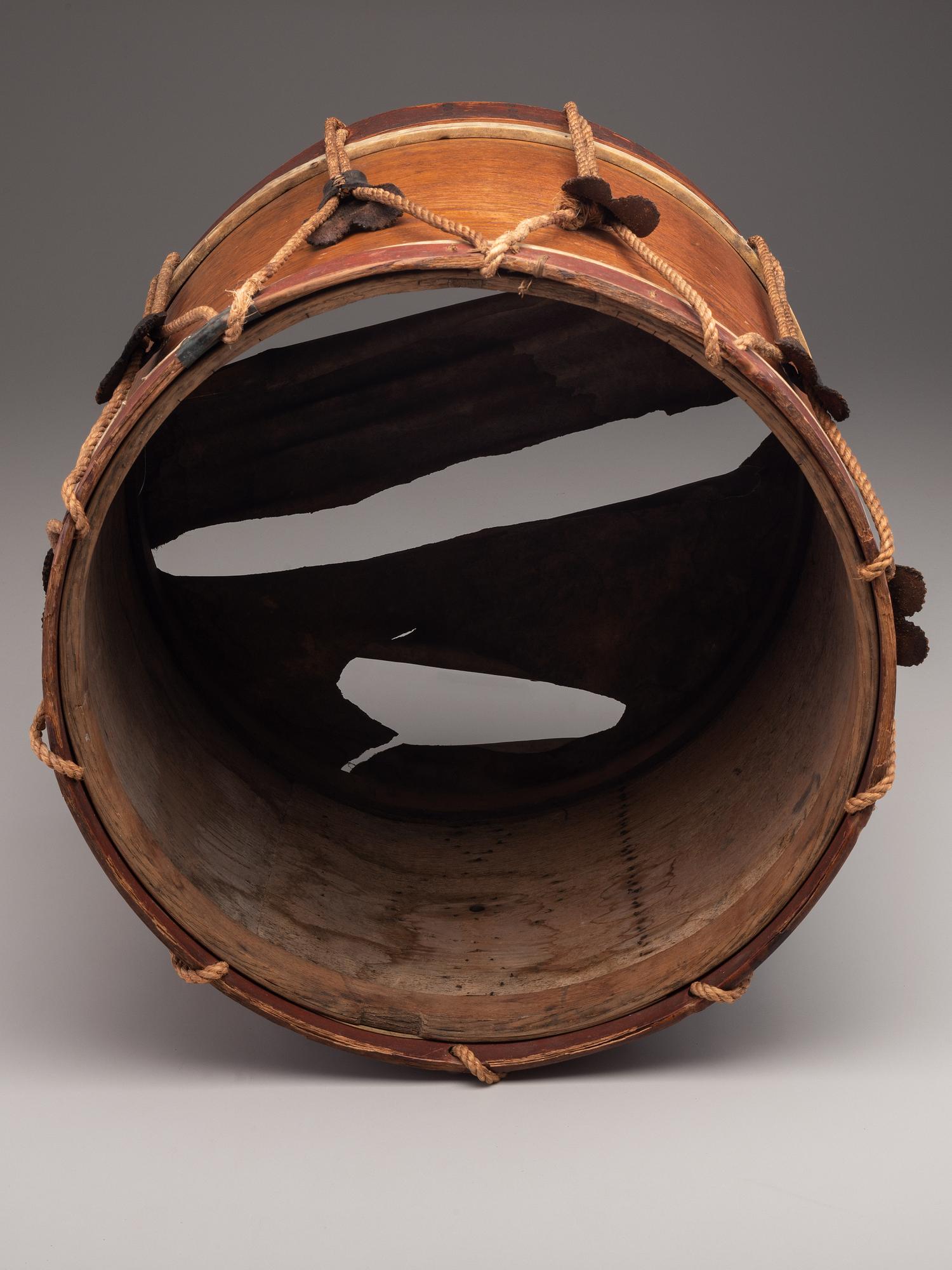 [MILITARIA]. Possibly Mexican War painted drum featuring ornate tack design, with drumsticks.
