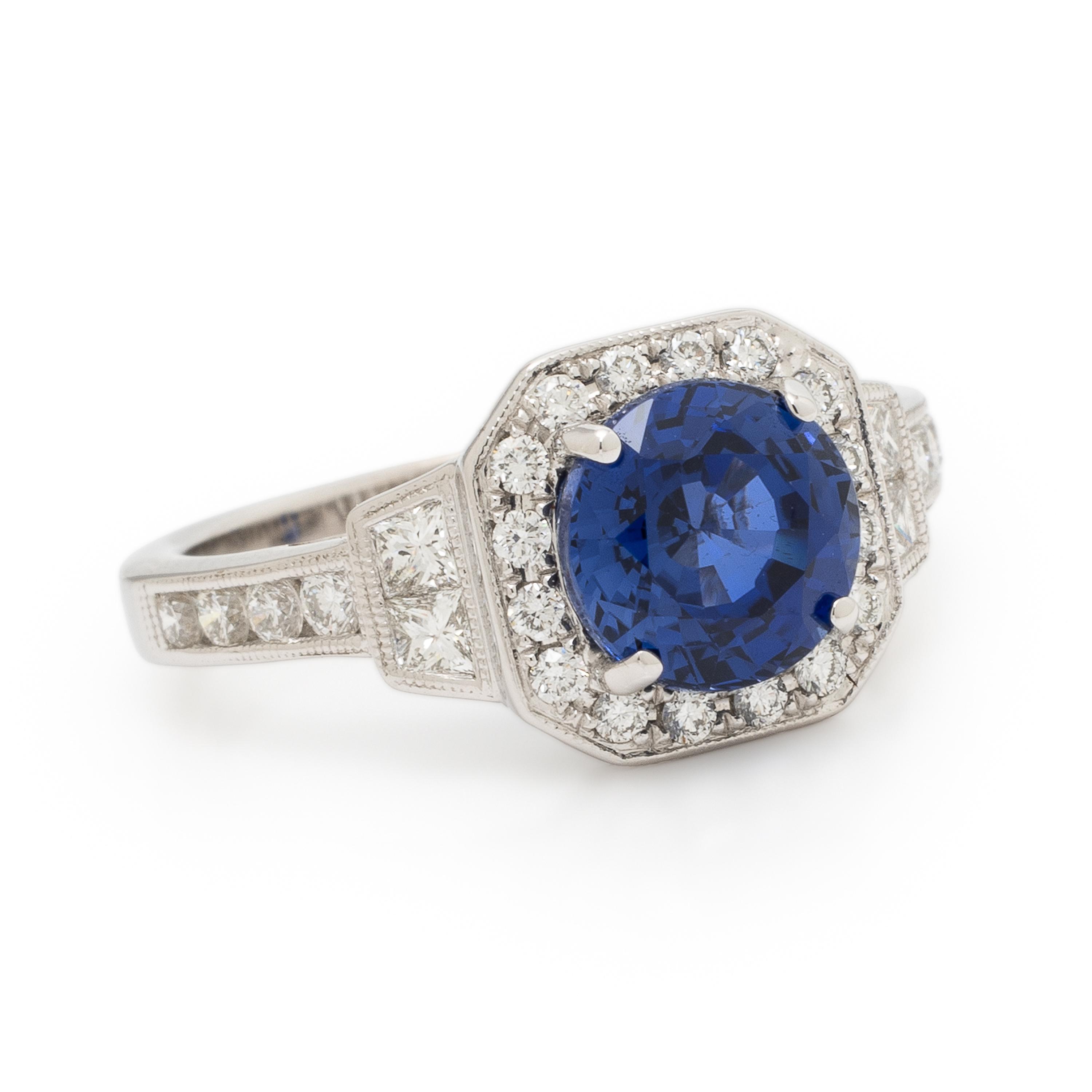 Synthetic Sapphire, Diamond, and White Gold Ring