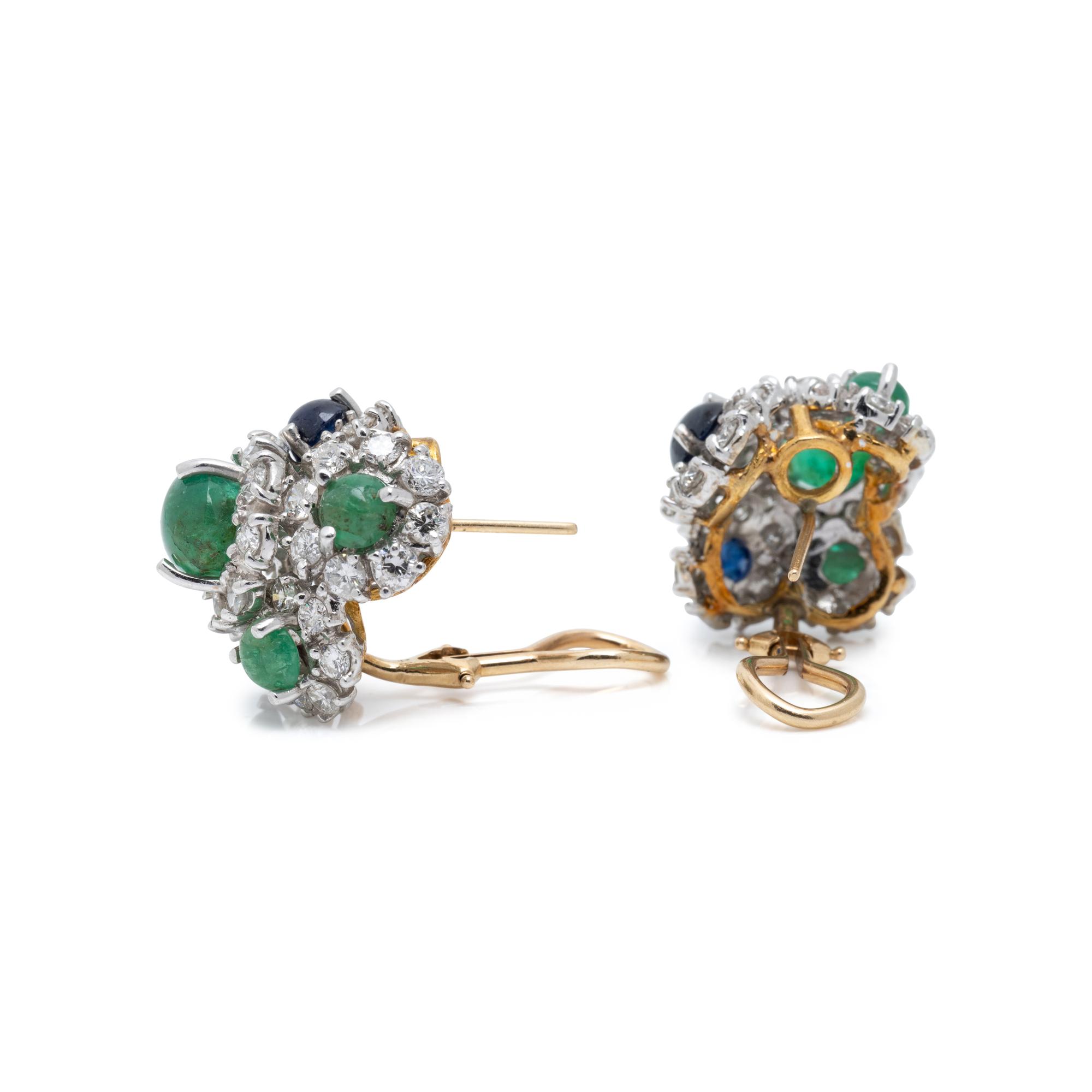 EMERALD, SAPPHIRE AND DIAMOND EARCLIPS
