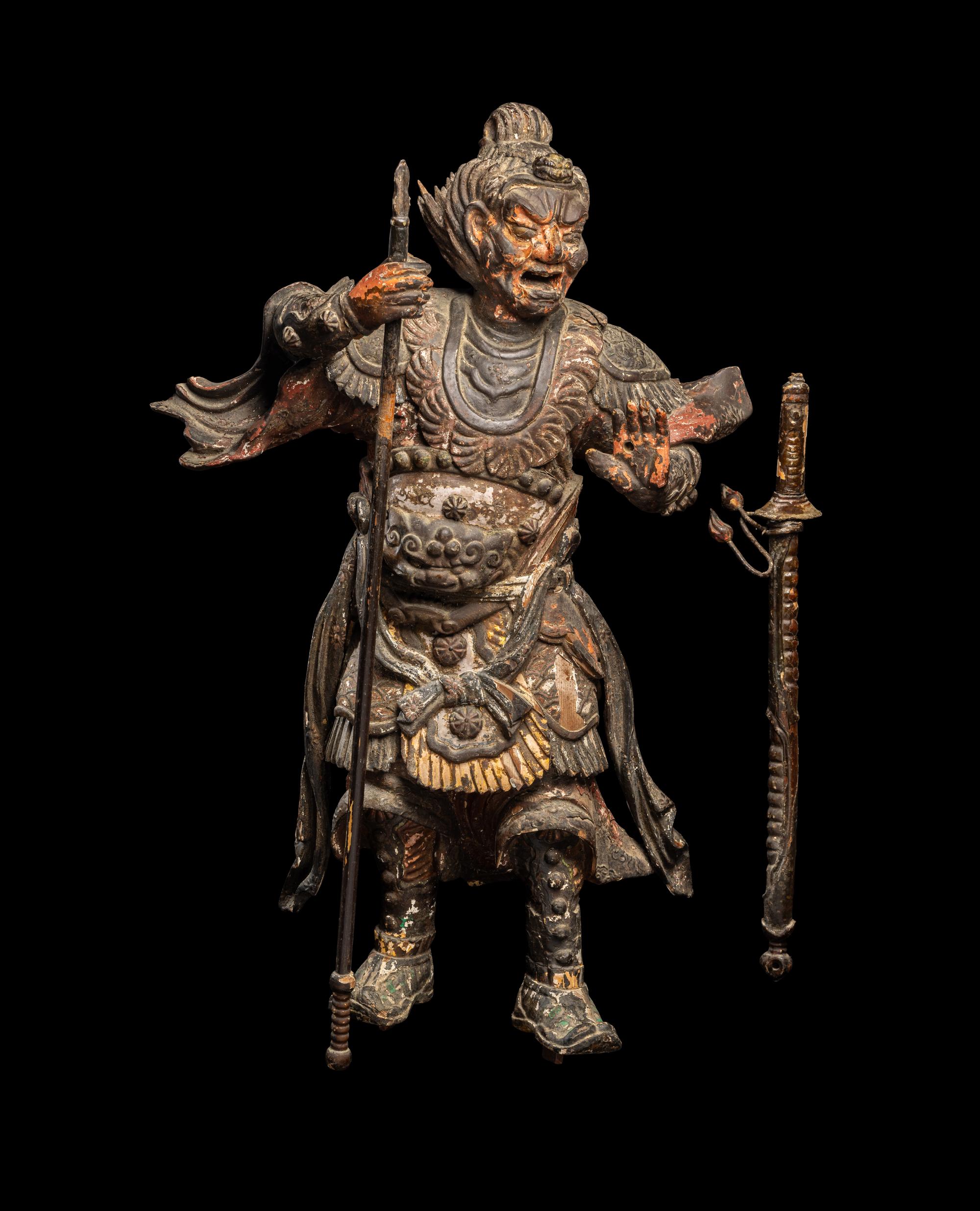 A Japanese Polychrome Painted Wood Figure of a Guardian