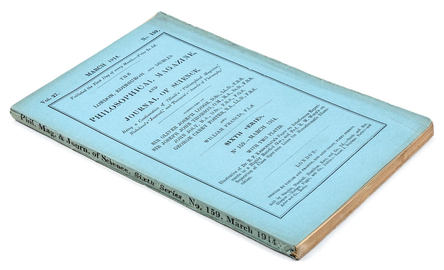 RUTHERFORD, Ernest, 1st Baron Rutherford of Nelson (1871-1937). “The Structure of the Atom.” In: The London, Edinburgh and Dublin Philosophical Magazine , Sixth Series, Vol. 27, No. 159, pp. 488-498. London: Taylor and Francis, March 1914.