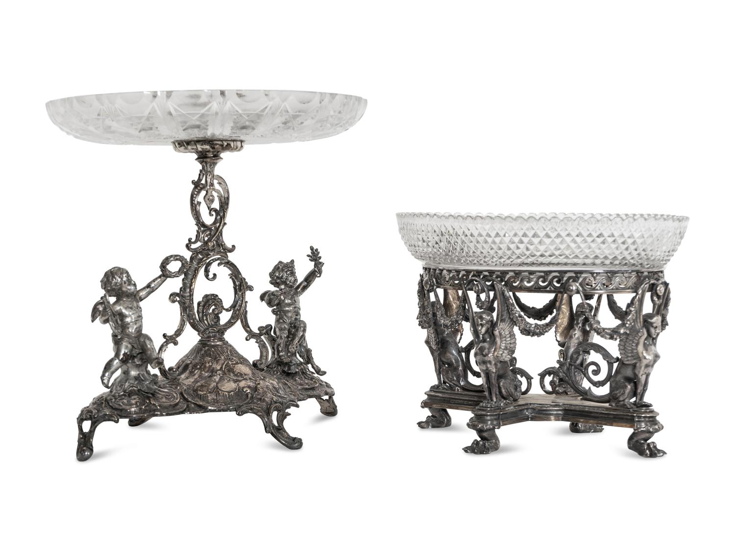 An Associated Set of Two Victorian Silver Plate and Cut Glass Center Bowls