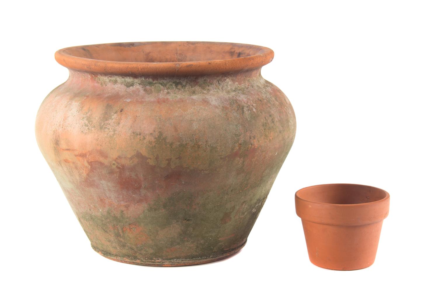 A Large Terracotta Pot Height of terracotta pot 13 1/4 inches x diameter 13 1/2 inches.