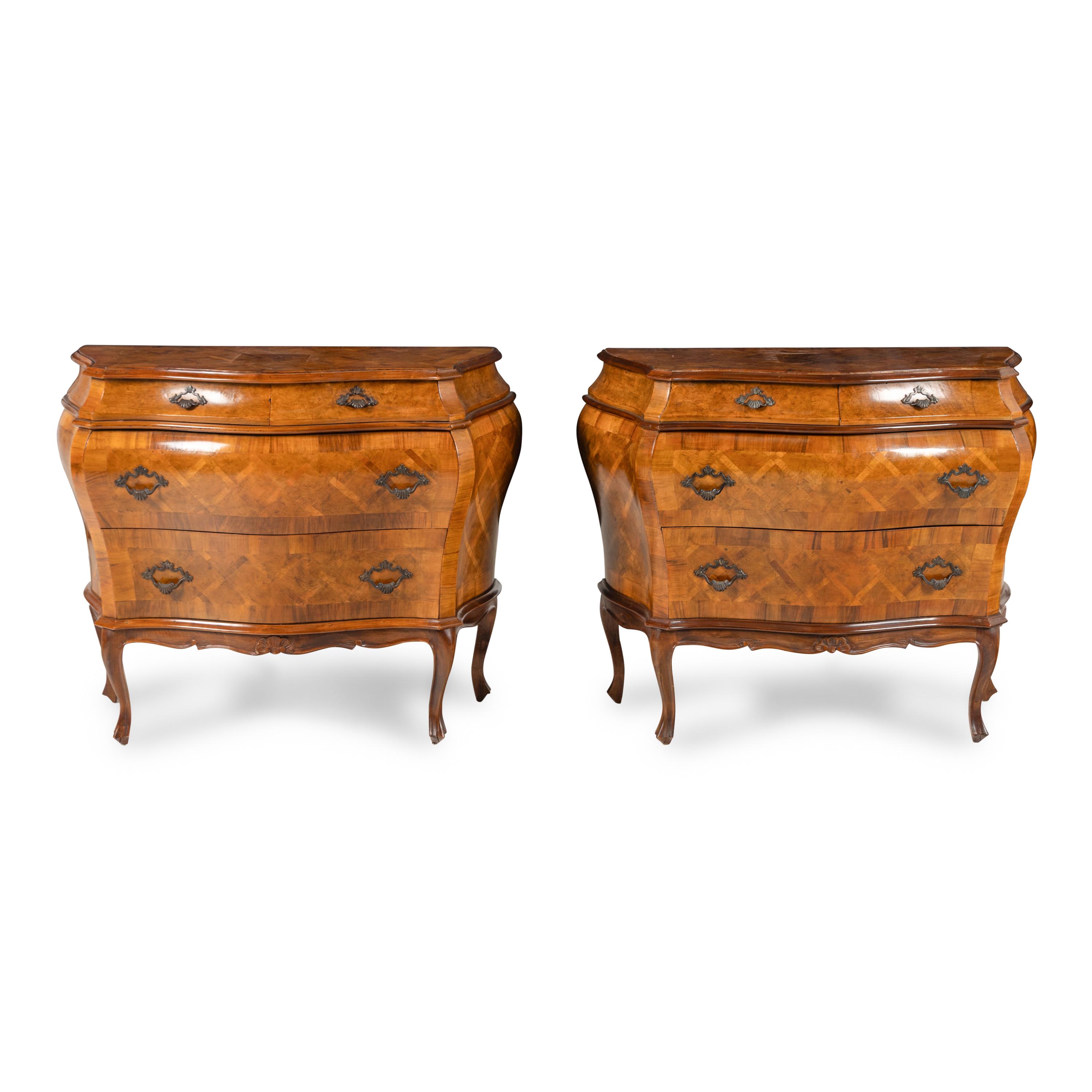 A Pair of Italian Parquetry Bombé Commodes
