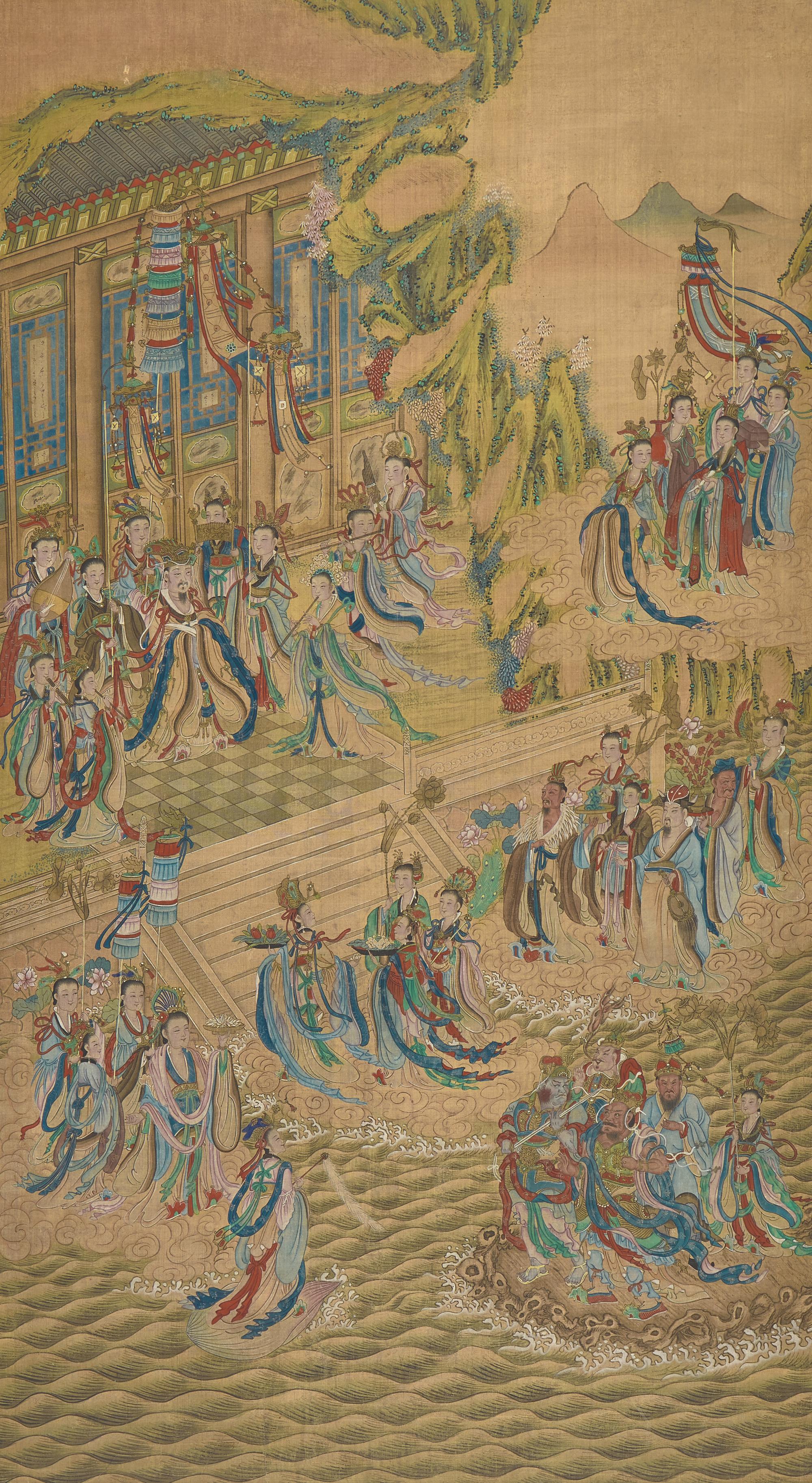 A Large Chinese Ink and Color on Silk 'Immortals' Painting, Late 19th-Early 20th Century — 清晚期 絹本設色鏡框水陸畫