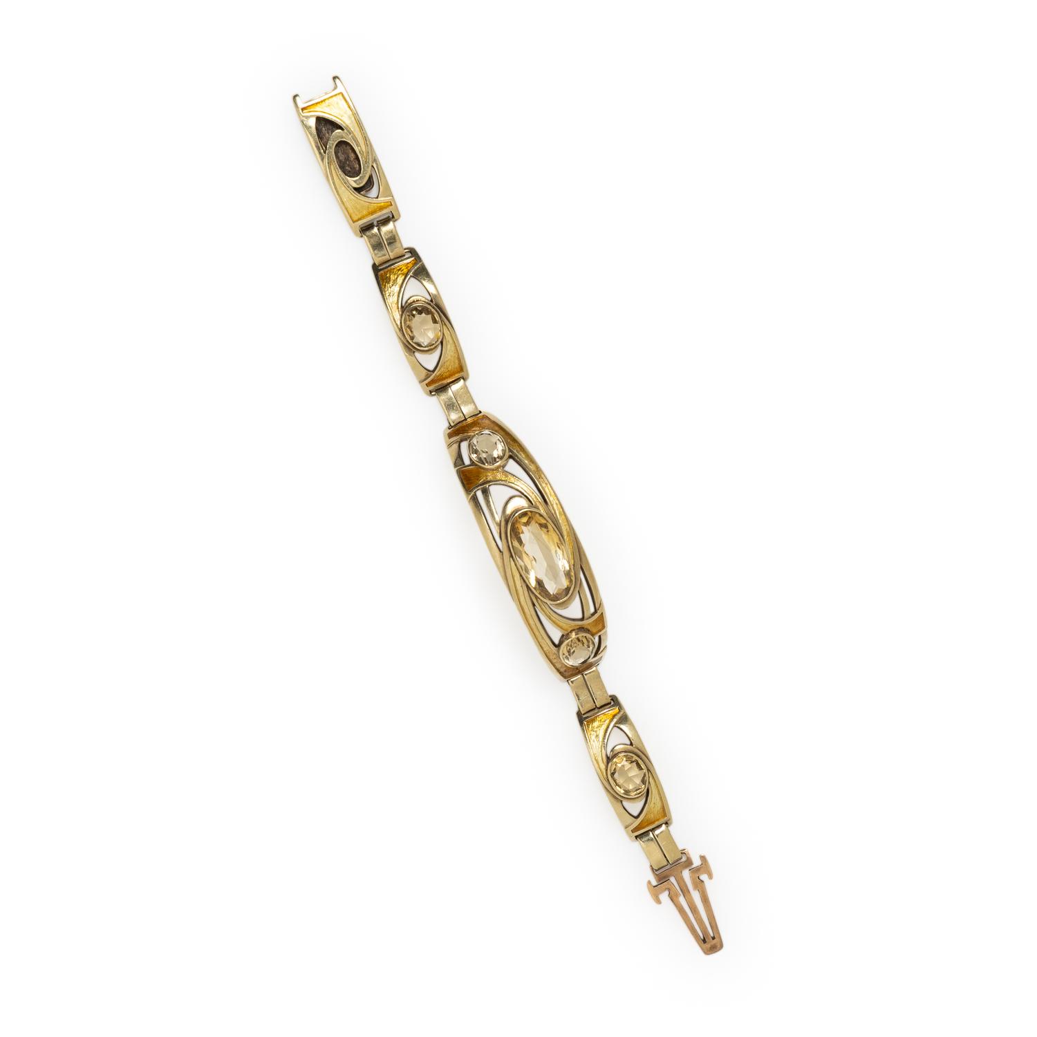 ART NOUVEAU, CITRINE, ENAMEL, AND YELLOW GOLD BRACELET