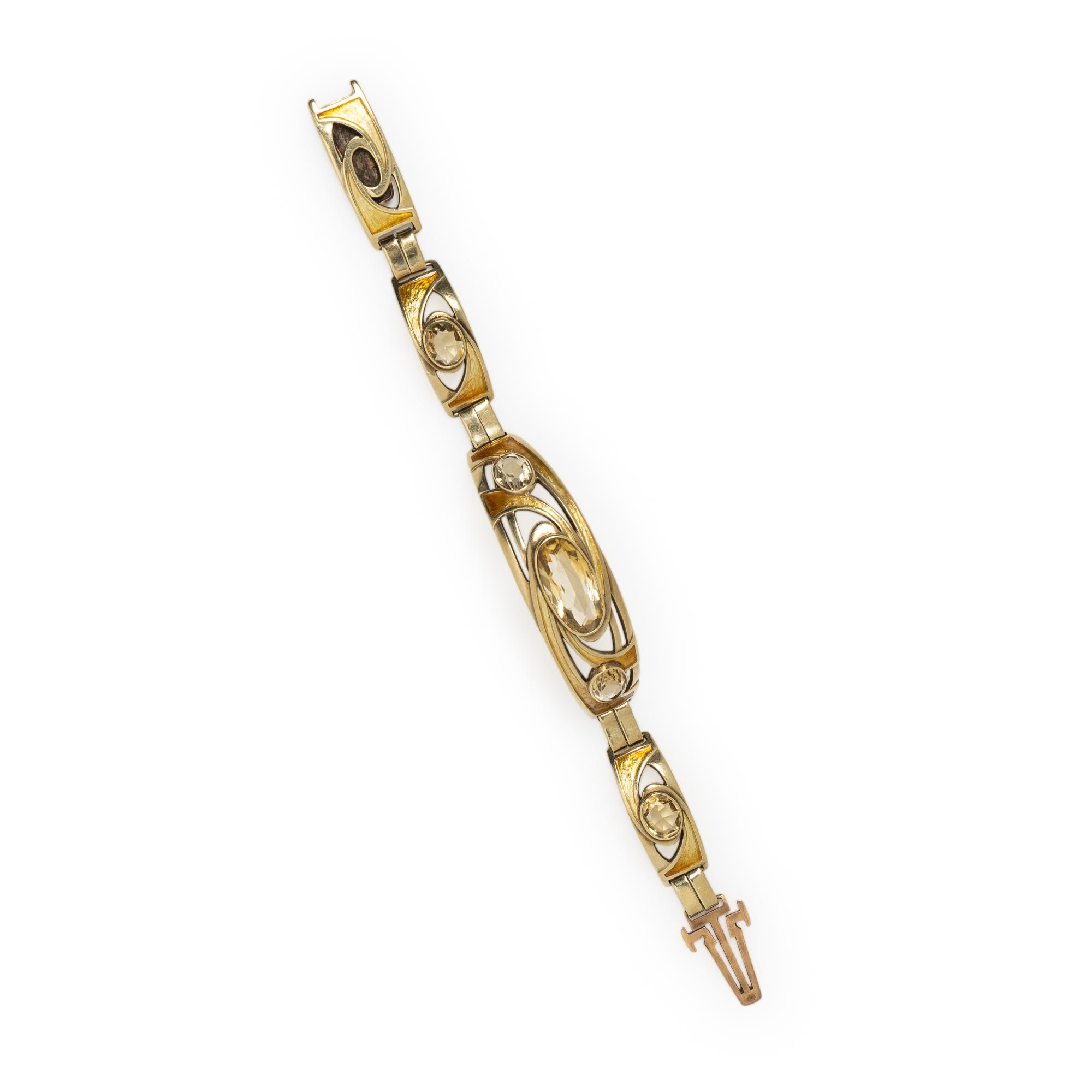 ART NOUVEAU, CITRINE, ENAMEL, AND YELLOW GOLD BRACELET