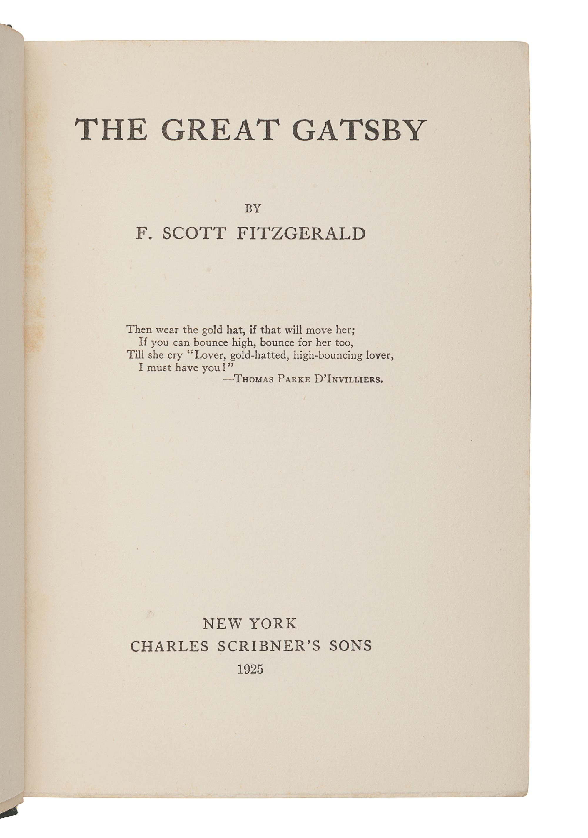 FITZGERALD, F. Scott (1896-1940). The Great Gatsby . New York: Charles Scribner's Sons, 1925.